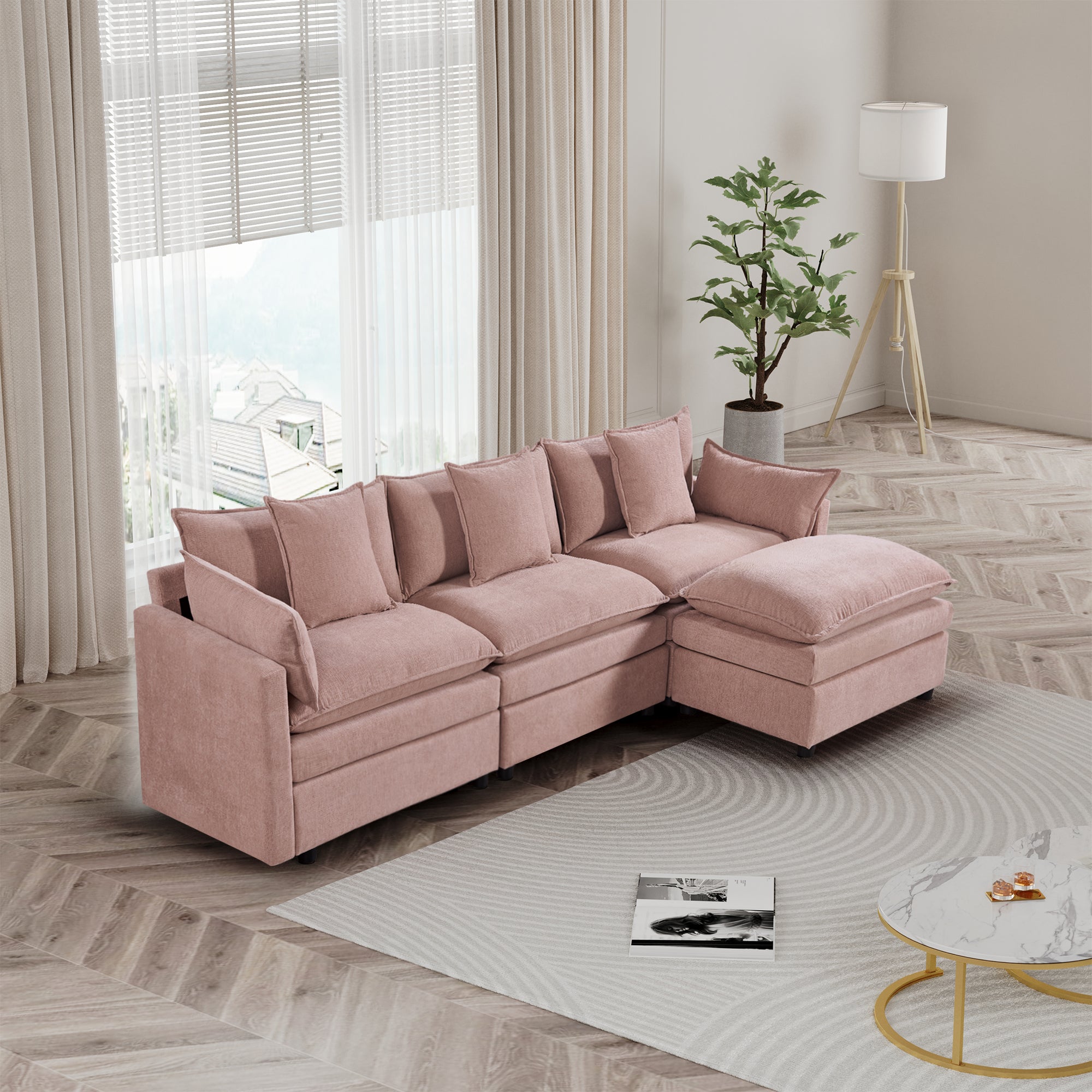 108.66"Modern Chenille L Shaped Sectional Sofa With Convertible Chaise, Comfy Cloud Couch Deep Sectional Sofa With Ottomans For Living Room Pink Wood Foam Chenille 3 Seat