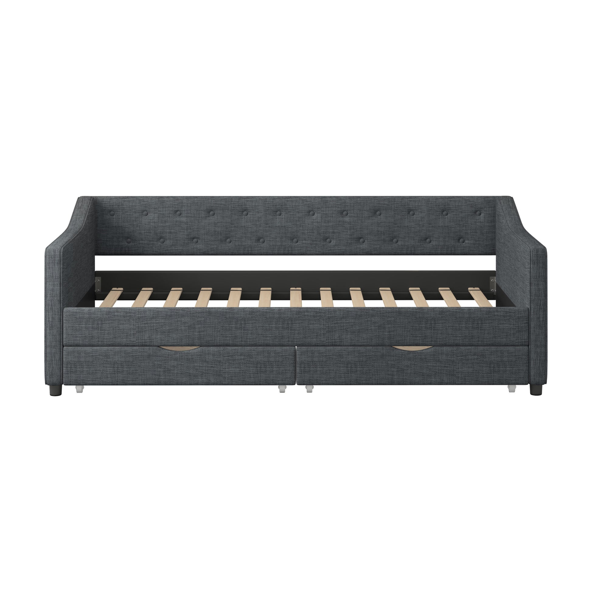 Twin Size Daybed With Drawers Upholstered Tufted Sofa Bed, With Button On Back And Piping On Waved Shape Arms Dark Grey Twin Dark Grey Wood Fabric