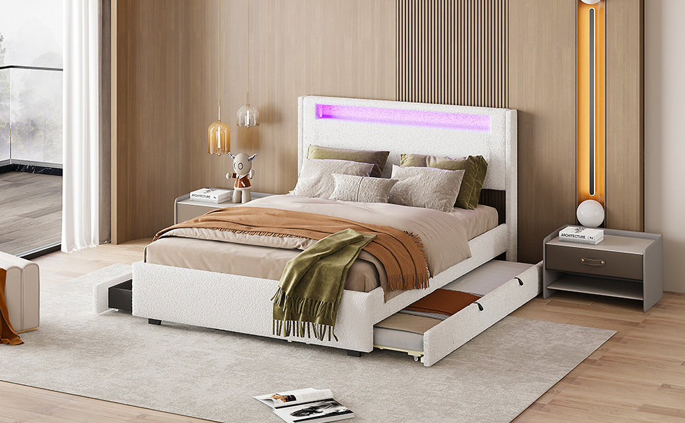 Full Size Upholstered Platform Bed With Led Frame, With Twin Size Trundle And 2 Drawers, Teddy Fleece, White White Fleece
