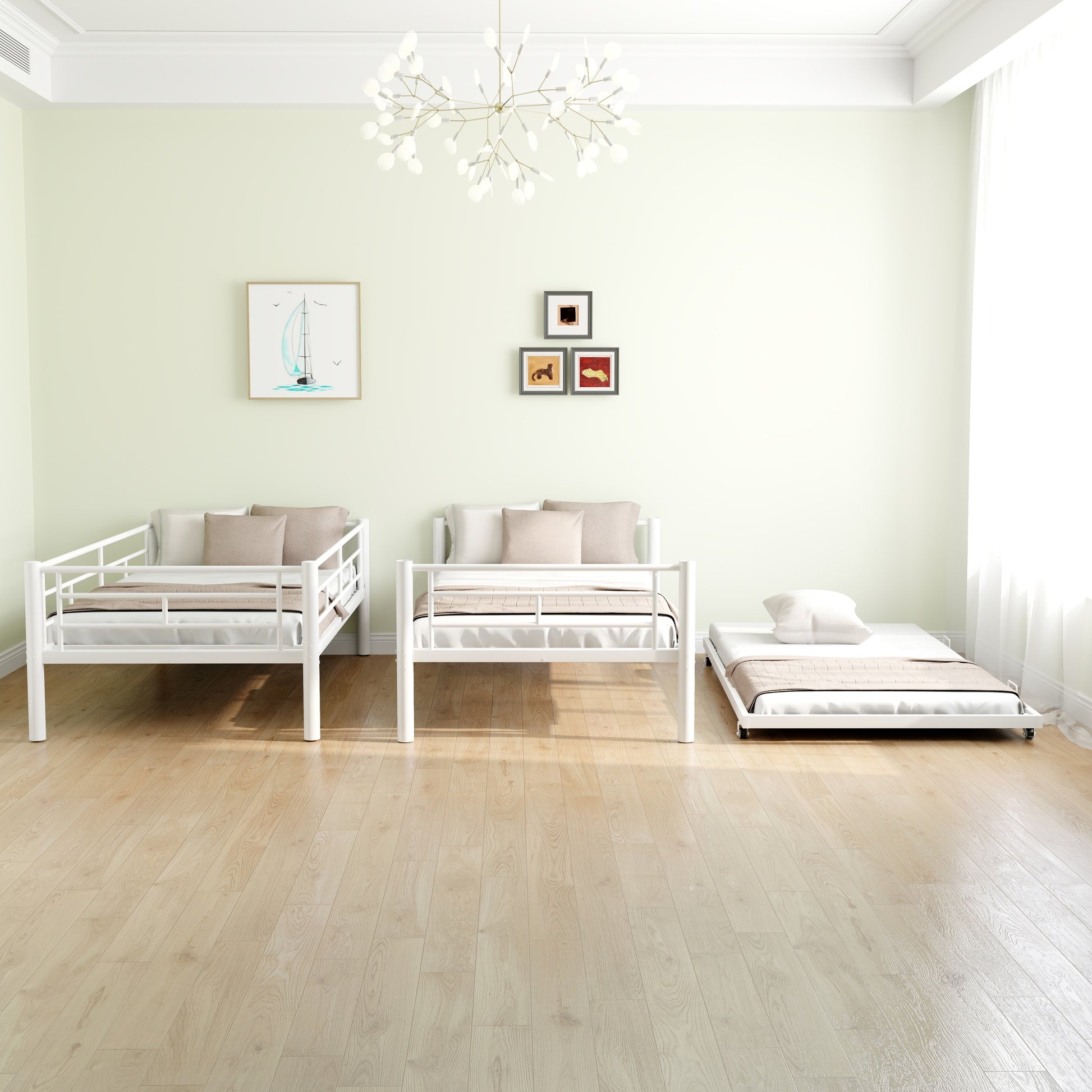 Heavy Duty Sturdy Meta Twin Over Twin With Trundle Bunk Bed L Noise Reduced Safety Guardrail No Box Spring Needed,White Box Spring Not Required Twin White Metal