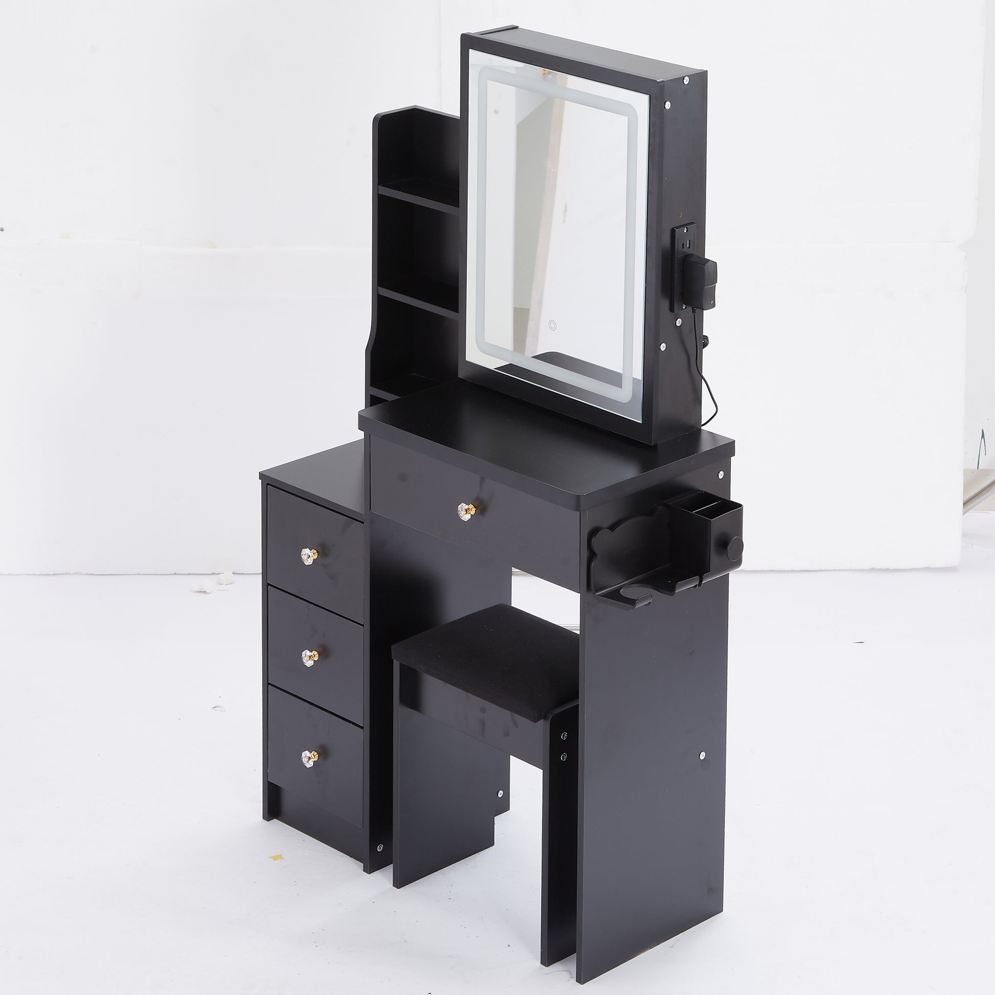 Small Size Left Bedside Cabinet Vanity Table Cushioned Stool, 2 Ac 2 Usb Power Station, Hair Dryer Bracket, Extra Large Touch Control Sliding Led Mirror, Tri Color Switching, Epa,Gcc,Ul Certificate