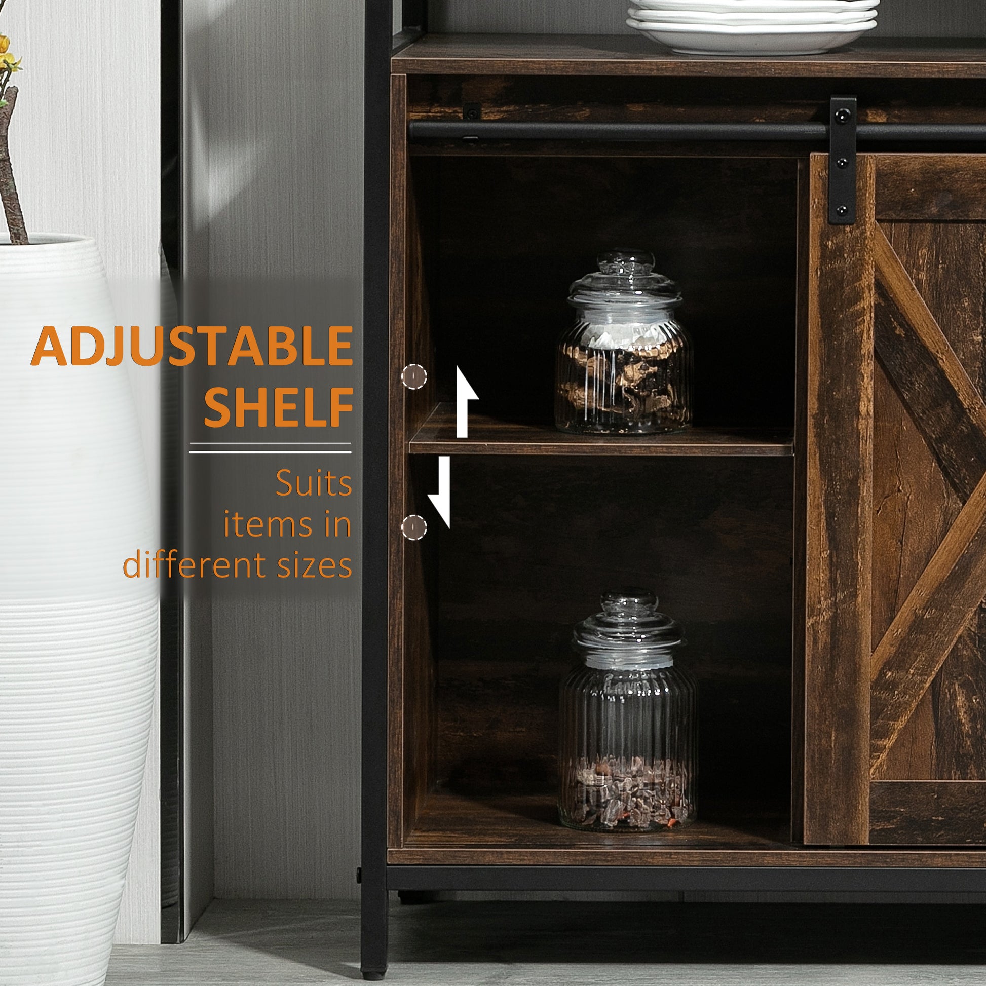 Homcom Industrial Sideboard Buffet Cabinet, Kitchen Cabinet With Sliding Barn Doors, Coffee Bar Cabinet With Stemware Racks, Drawer And Adjustable Shelves, Rustic Brown Rustic Brown Mdf Steel