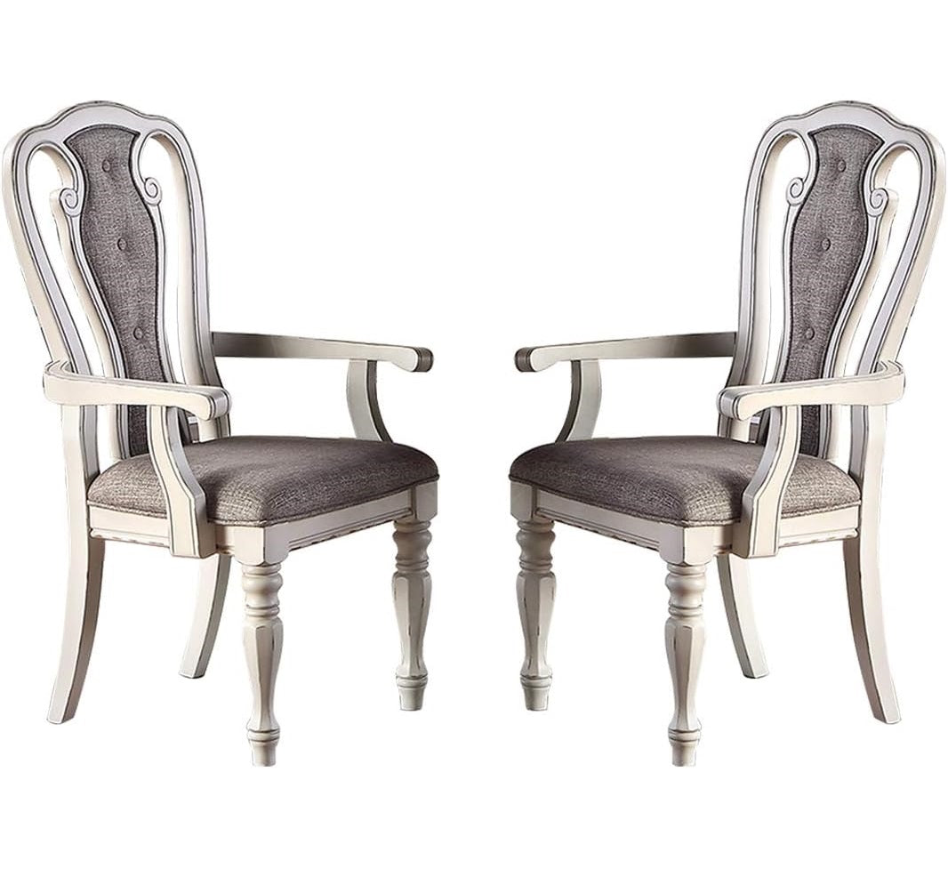 Antique White Set Of 2Pc Dining Arm Chairs Upholstered Tufted Unique Design Chairs Back Cushion Seat Dining Room Antique White,Grey Dining Room Contemporary,Transitional Dining Chairs Rubberwood Tufted Back Solid Wood