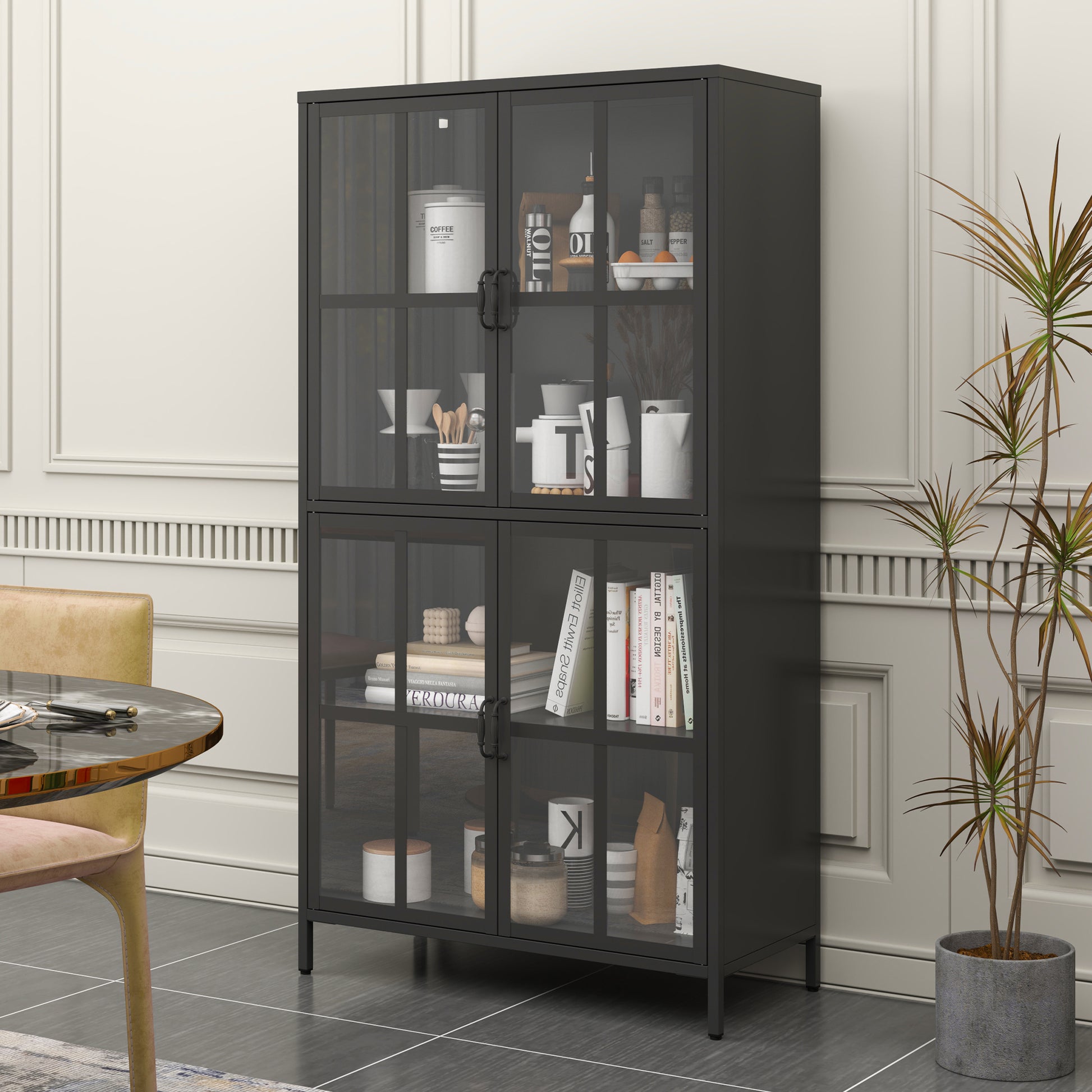 Premium Black Metal Storage Cabinet With Tempered Glass Doors, Adjustable Shelves, Anti Tipping Device, Magnetic Silent Closure, And Adjustable Feet For Home And Office Use Accent Chests 3 4 Spaces