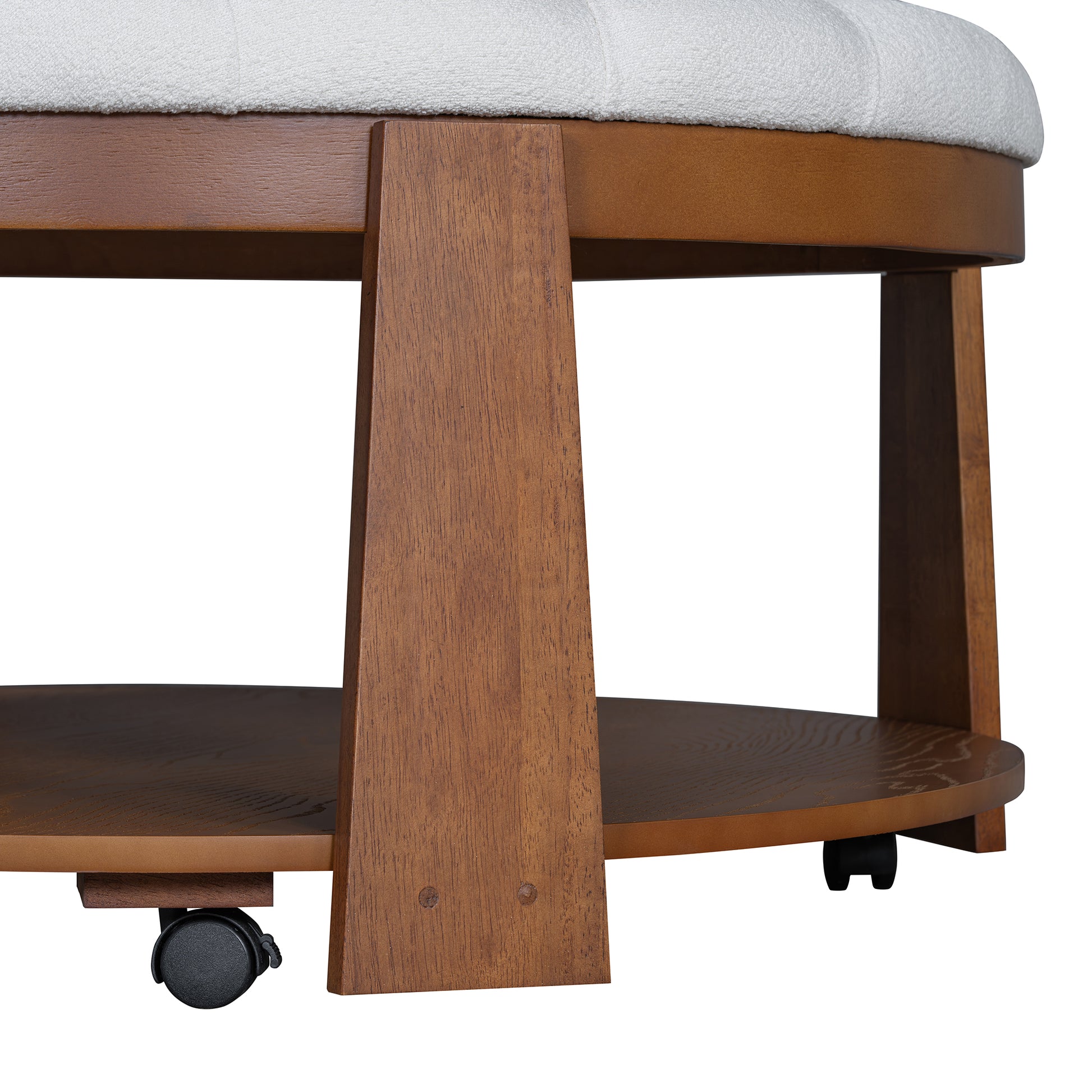 Modern Large Round Ottoman Coffee Table 2 Tier Oversized Button Tufted Ottoman With Wood Shelf Storage Upholstered Coffee Table For Living Room Footrest Ottoman With Wheel, Waterproof Linen Ivory White Rubber Wood