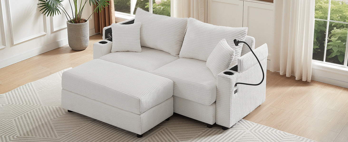 72.8" Modern Style Loveseat Sofa Sectional Sofa Couch With Storage Space, A Movable Ottoman, Two Usb Ports, Two Cup Holders, A Phone Holder For Living Room, Beige Beige Foam Corduroy 3 Seat