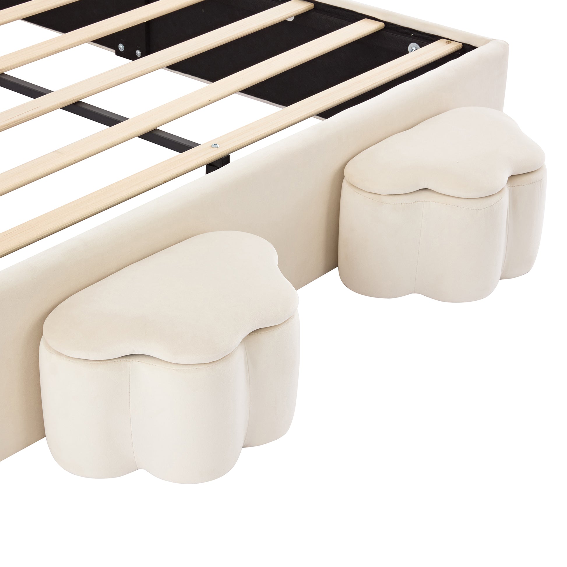 Full Size Upholstered Rabbit Shape Bed With 2 Storage Stools, Velvet Platform Bed With Cartoon Ears Shaped Headboard, White Full White Wood