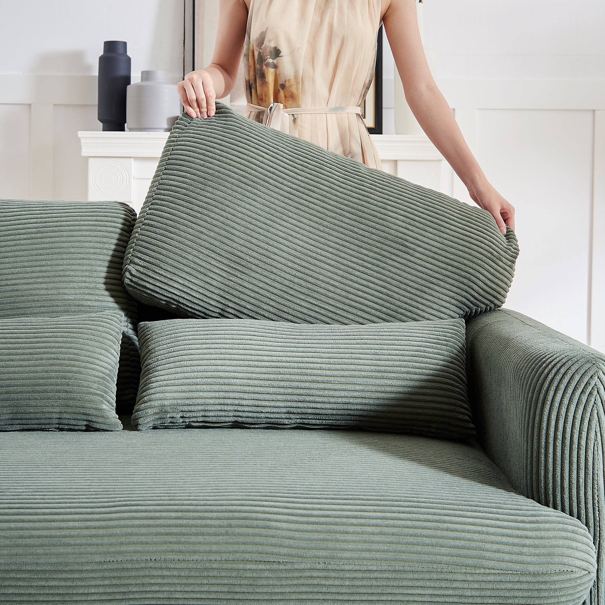 60"Corduroy Fabric Sofa With Two 33" Single Sofa, Modern Sofa With Support Pillow, For Apartment, Office, Living Room & Bedroom Green Corduroy 4 Seat