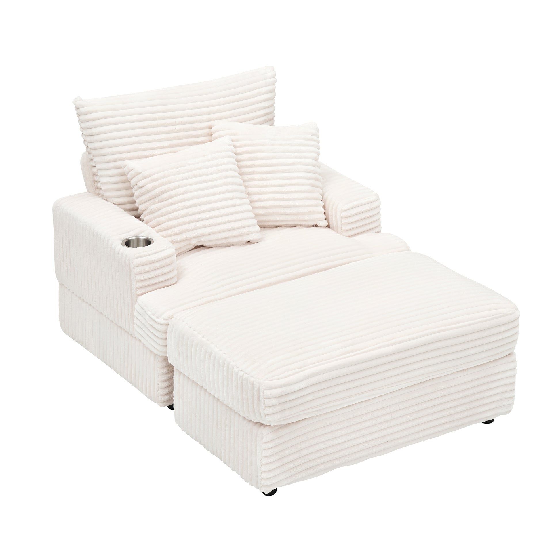 39 Inch Spring Upholstered Armchair And Ottoman Set Comfortable Single Sofa With Cup Holder And Corduroy Fabric, Perfect For Living Room Or Bedroom White Corduroy 1 Seat