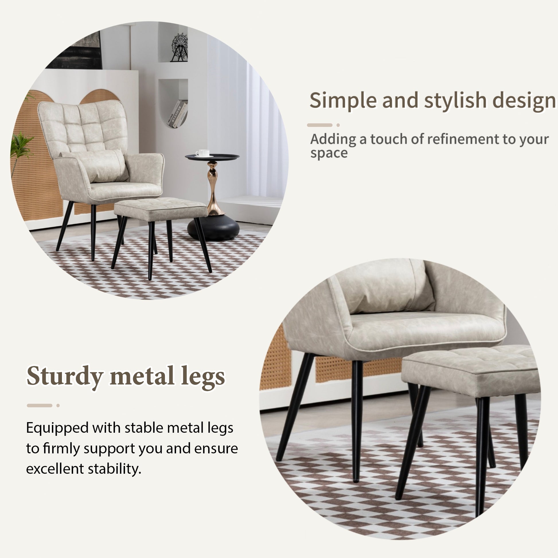 Pu Leather Accent Chair, Upholstered High Backrest Arm Chair With Solid Metal Legs, Tufted Button Design Reading Chair, Sofa Chair For Bedroom, Living Room, Office, Beige Beige Bedroom Casual Foam Pu Leather