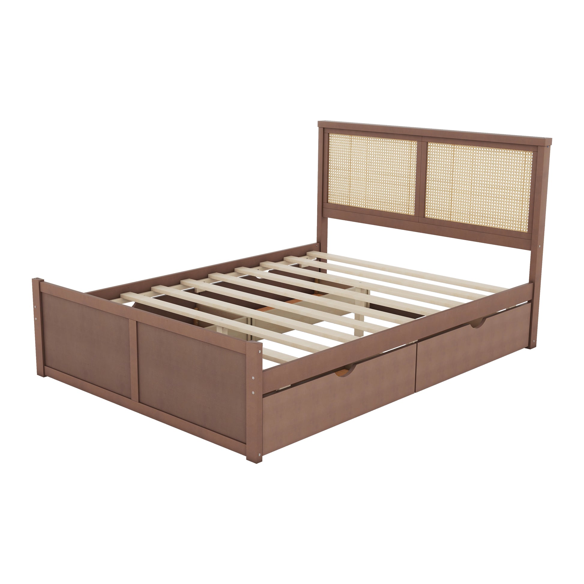 Queen Size Wood Storage Platform Bed With 4 Drawers, Rattan Headboard, Espresso Box Spring Not Required Queen Antique Espresso Wood Bedroom Bed Frame Wood Rattan