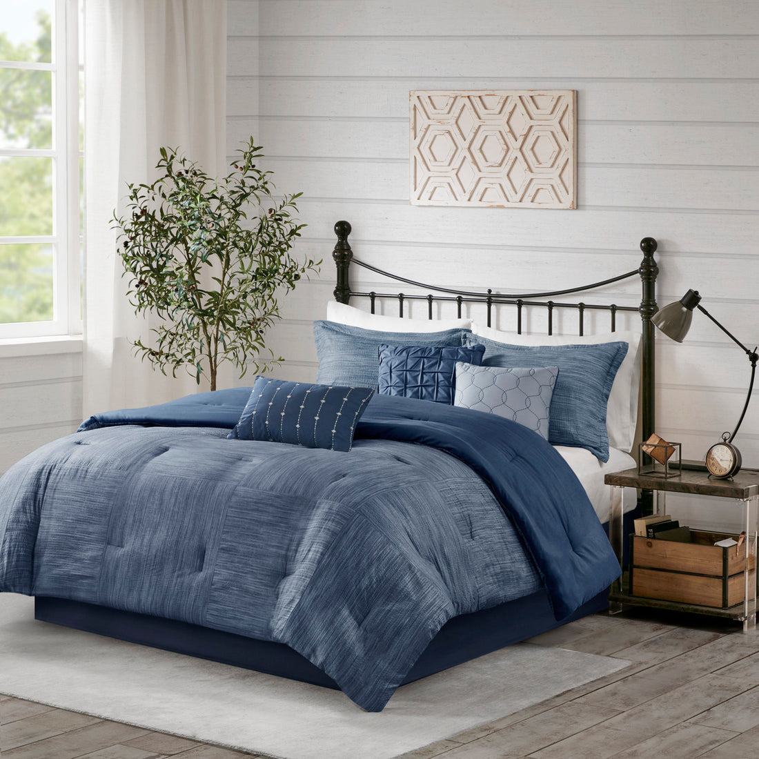 7 Piece Printed Seersucker Comforter Set Navy Cal King California King Navy Microfiber