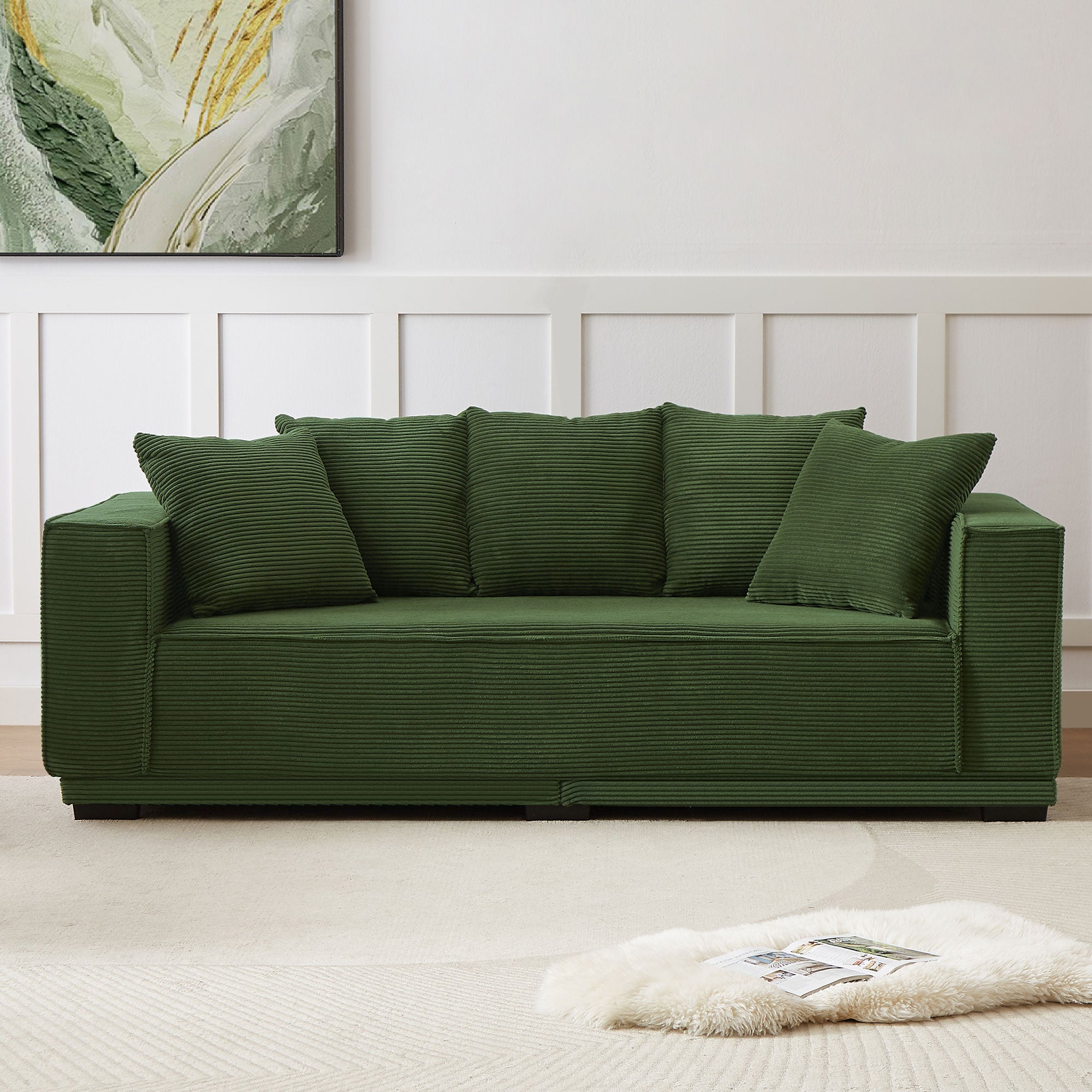 88.97'' Mid Century Modern Upholstered Sofa With 5 Matching Toss Pillows, Including Bottom Frame,Comfy Couches For Living Room, Bedroom, Apartment And Office.Green. Green Corduroy 3 Seat