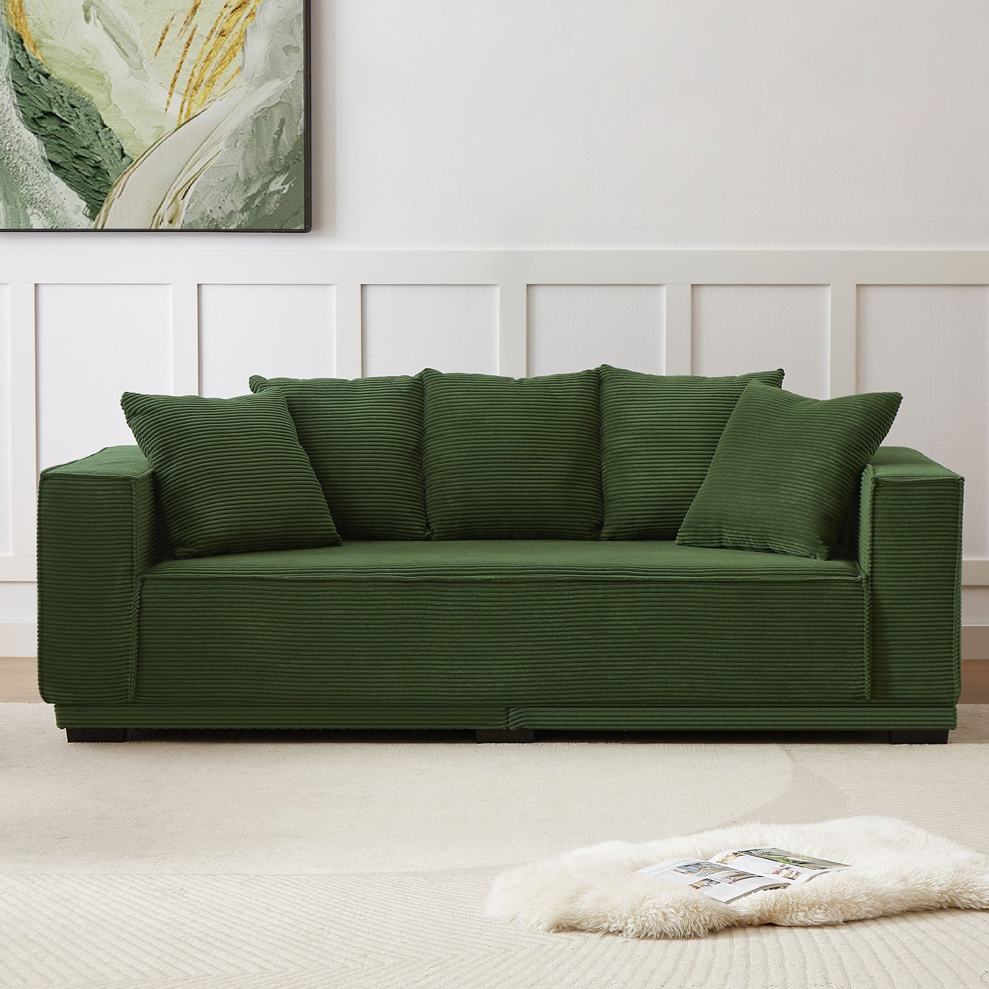 88.97'' Mid Century Modern Upholstered Sofa With 5 Matching Toss Pillows, Including Bottom Frame,Comfy Couches For Living Room, Bedroom, Apartment And Office.Green. Green Corduroy 3 Seat