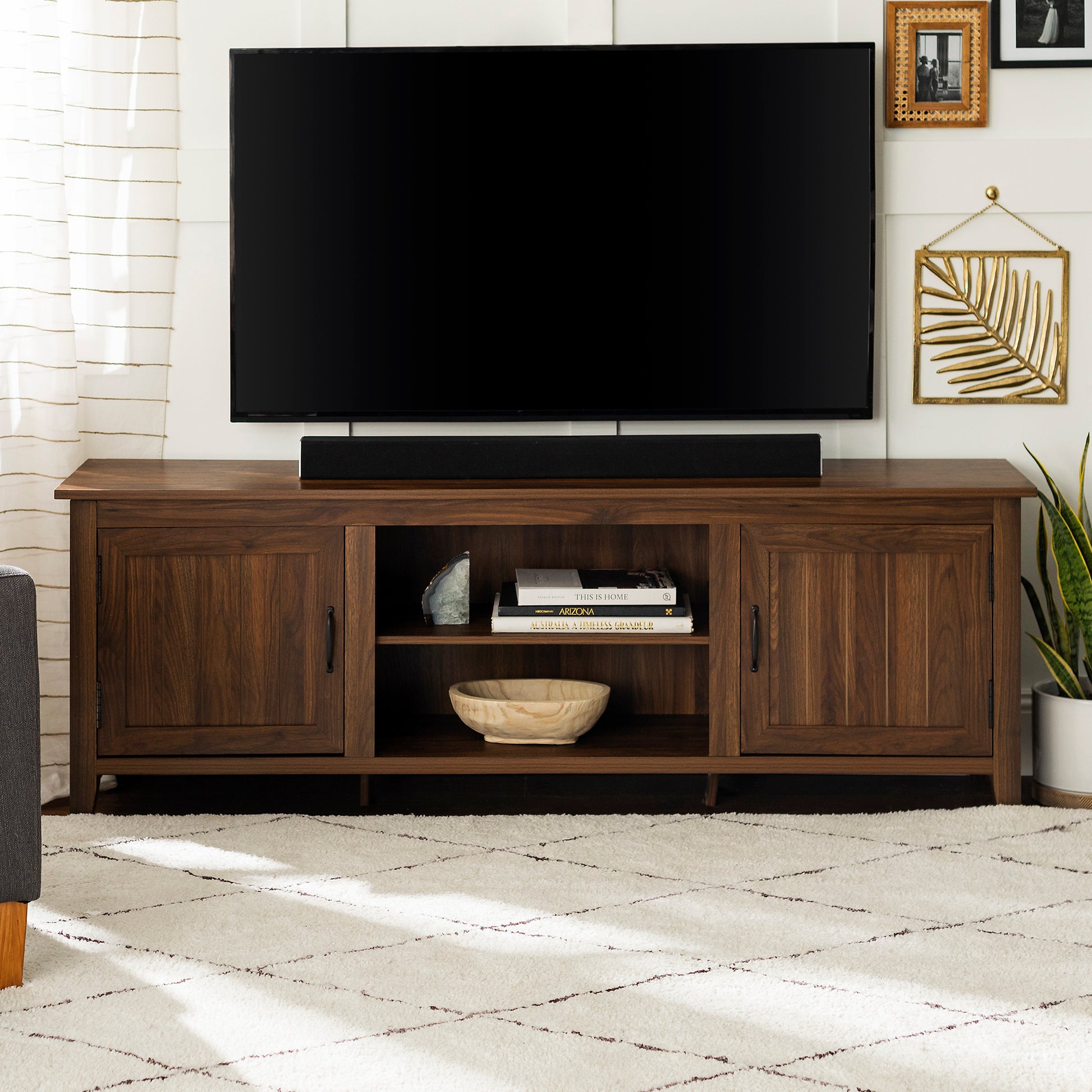 Modern Farmhouse 2 Door Grooved 70" Tv Stand For 85" Tvs Dark Walnut Dark Brown Mdf