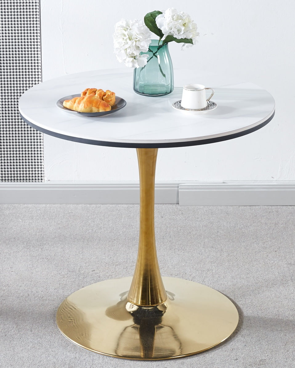 31.5"Golden And White Tulip Table Mid Century Dining Table For 2 4 People With Round Mdf Table Top, Pedestal Dining Table, End Table Leisure Coffee Table,Ceramic And Mdf Top Golden Mdf