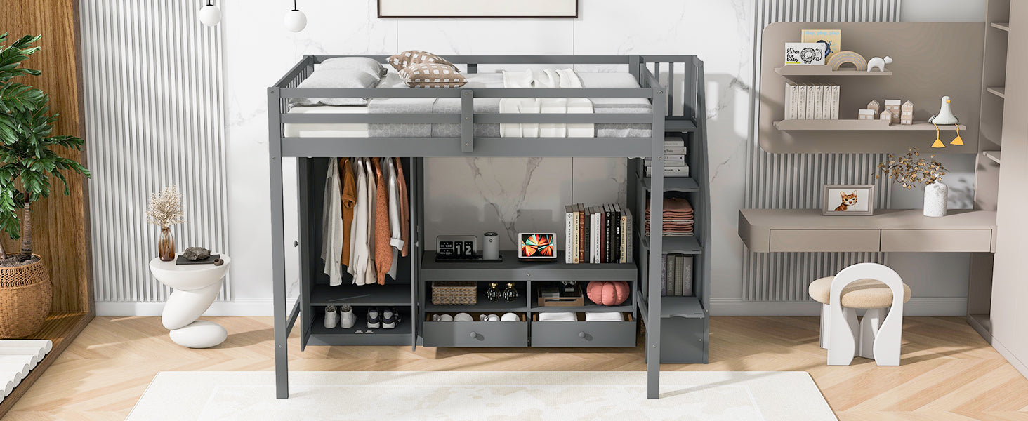 Full Size Loft Bed Frame With Wardrobe,Low Storage Table And Storage Staircase,Gray Gray Solid Wood Mdf