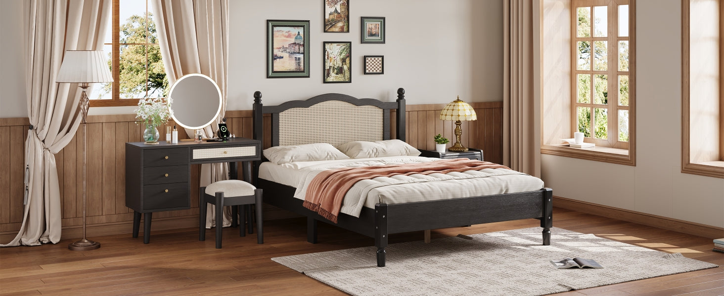 3 Pieces Bedroom Set With Full Size Wooden Bed Frame, 1 Vintage Nightstand And 1 Makeup Vanity Set With Stool,Black Full Black 3 Piece Set Wood