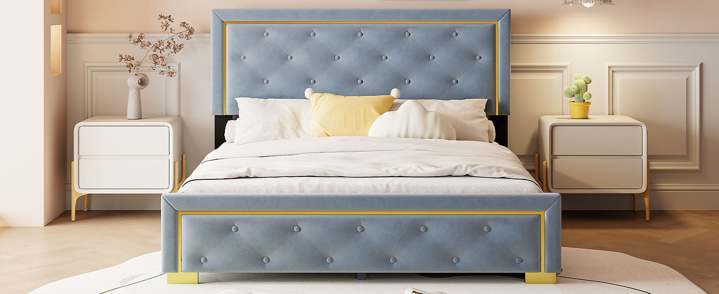 Queen Size Upholstered Platform Bed With Pull Point Headboard And Metal Wire Frame At The Head And Foot Of The Bed, Metal Feet, Velvet, Gray Queen Gray Mdf Lvl
