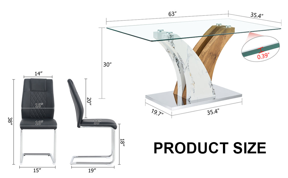 Table And Chair Set.Modern Dining Table, Tempered Glass Countertop With Artistic Mdf Legs.Paried With 6 Comfortable Chairs With Pu Seats And Metal Legs. Suitable For Various Decoration Styles. Black,Transparent Seats 6 Mdf Glass