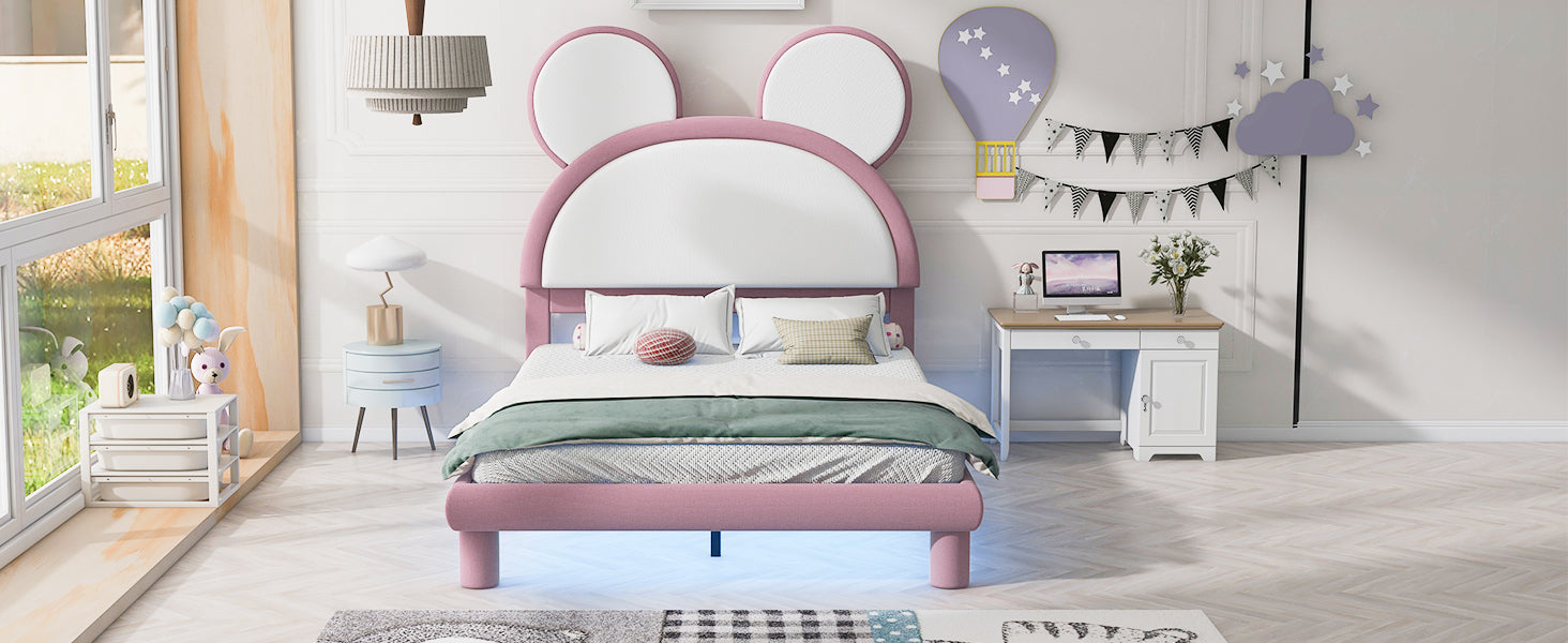 Full Size Upholstered Platform Bed With Cartoon Ears Shaped Headboard And Led, White&Pink Box Spring Not Required Full White Pink Bedroom Bed Frame Faux Leather Upholstered