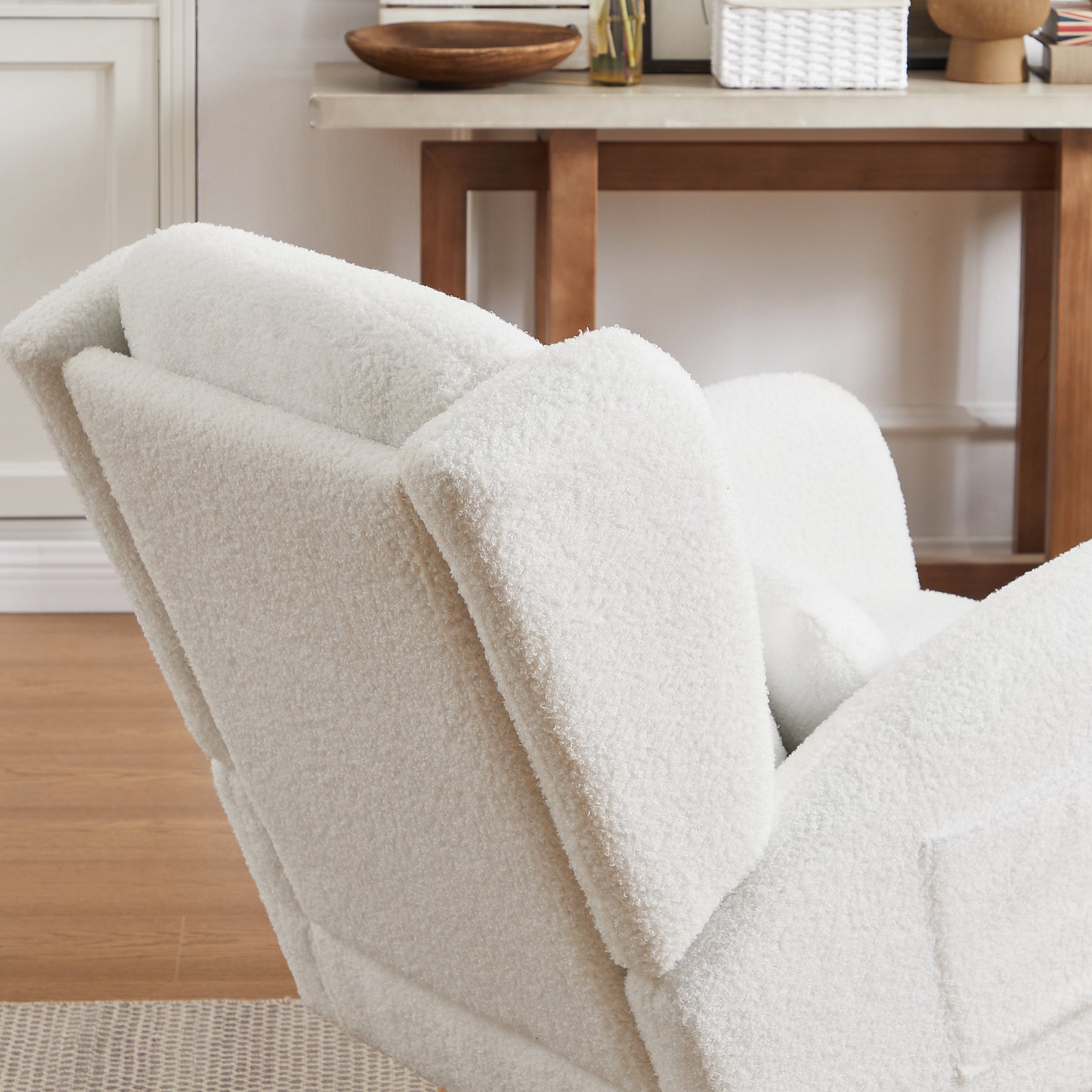 27.2"W Modern Accent High Backrest Living Room Lounge Arm Rocking Chair, Two Side Pocket Ivory Foam Fabric