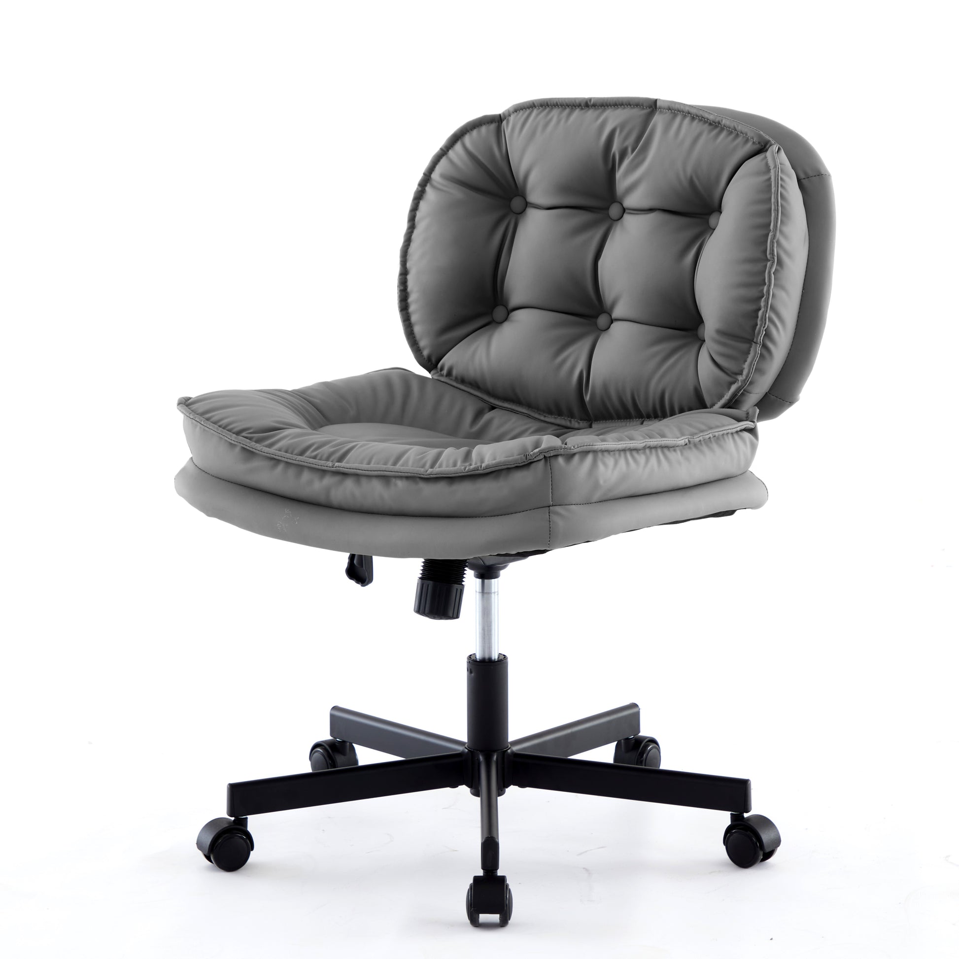 Armless Office Desk Chair With Wheels: Pu Leather Cross Legged Wide Chair,Comfortable Adjustable Swivel Computer Task Chairs For Home,Office,Make Up,Small Space,Bed Room Smoke Grey Antique Fiber Foam And Polyester Fiber Pad Pvc