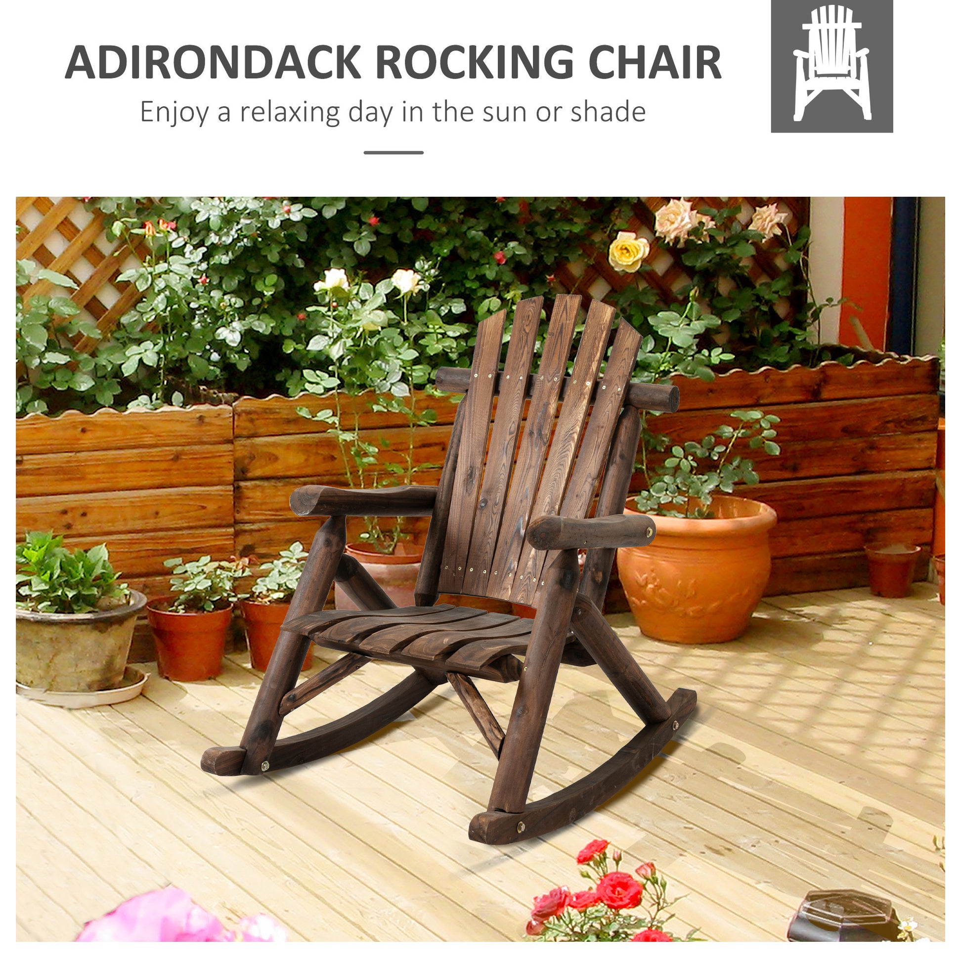 Outsunny Outdoor Wooden Rocking Chair, Single Person Adirondack Rocking Patio Chair With Rustic High Back, Slatted Seat And Backrest For Indoor, Backyard, Garden, Carbonized Brown Wood