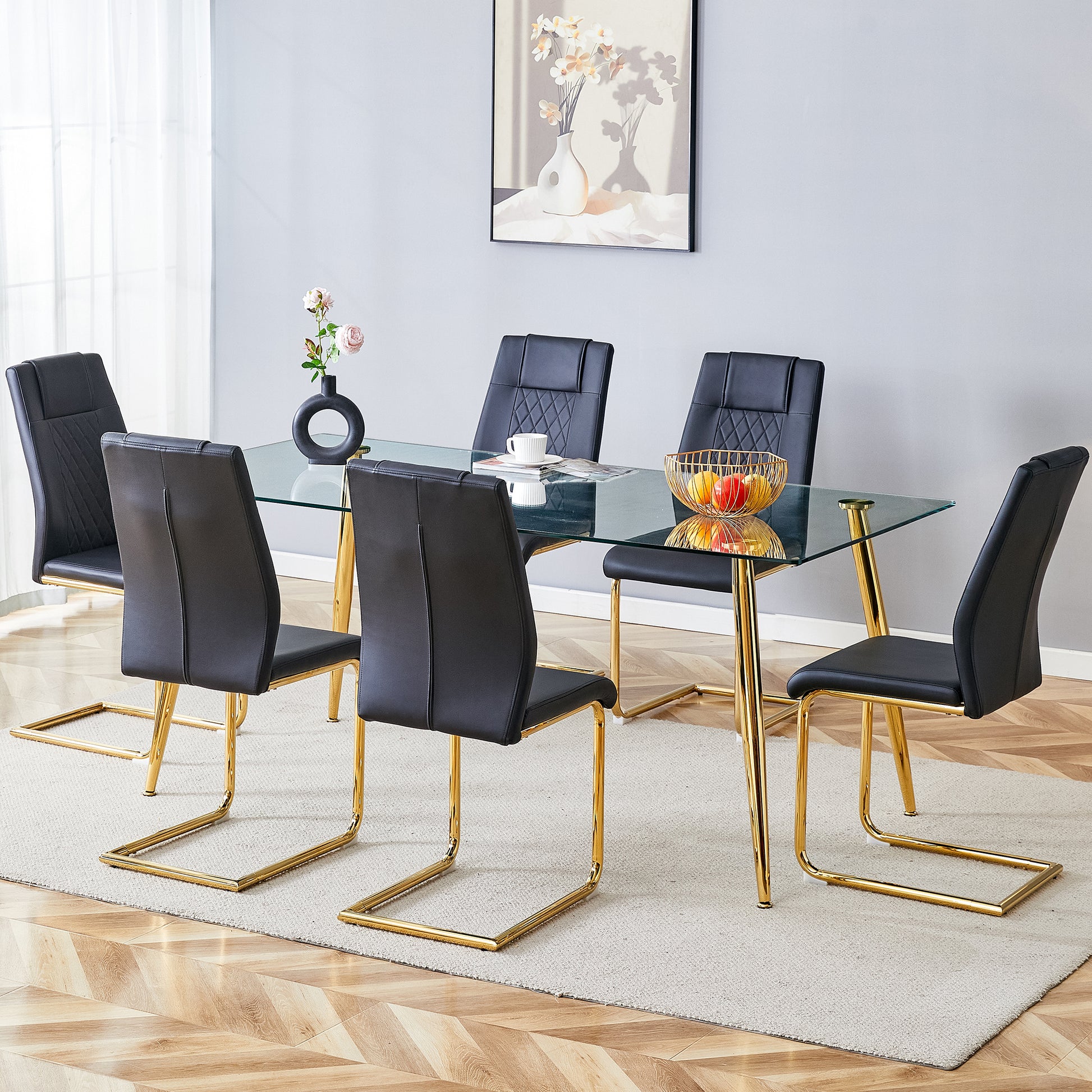 Table And Chair Set.Modern Rectangular Glass Dining Table With A Tempered Glass Tabletop And Metal Legs, Paired With Multiple Chairs Designed With Pu Cushions And Golden Metal Legs. Black Gold Seats 6 Tempered Glass