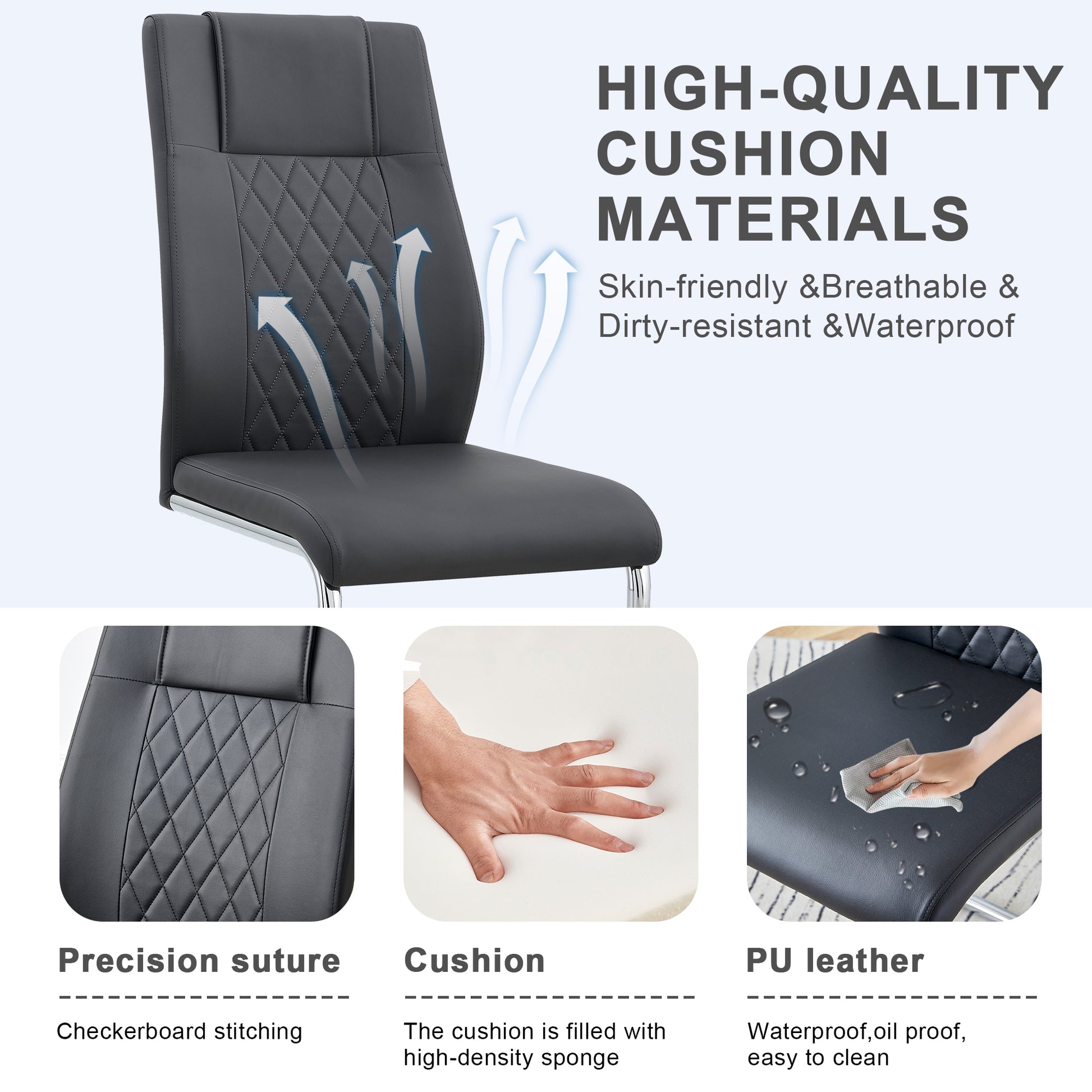 Table And Chair Set.Large Minimalist Rectangular Glass Dining Table For 6 8 With 0.39" Tempered Glass Tabletop And Silver Chrome Metal Legs.Paried With Comfortable Chairs With Pu Seats And Metal Legs. Silver Seats 6 Glass Metal