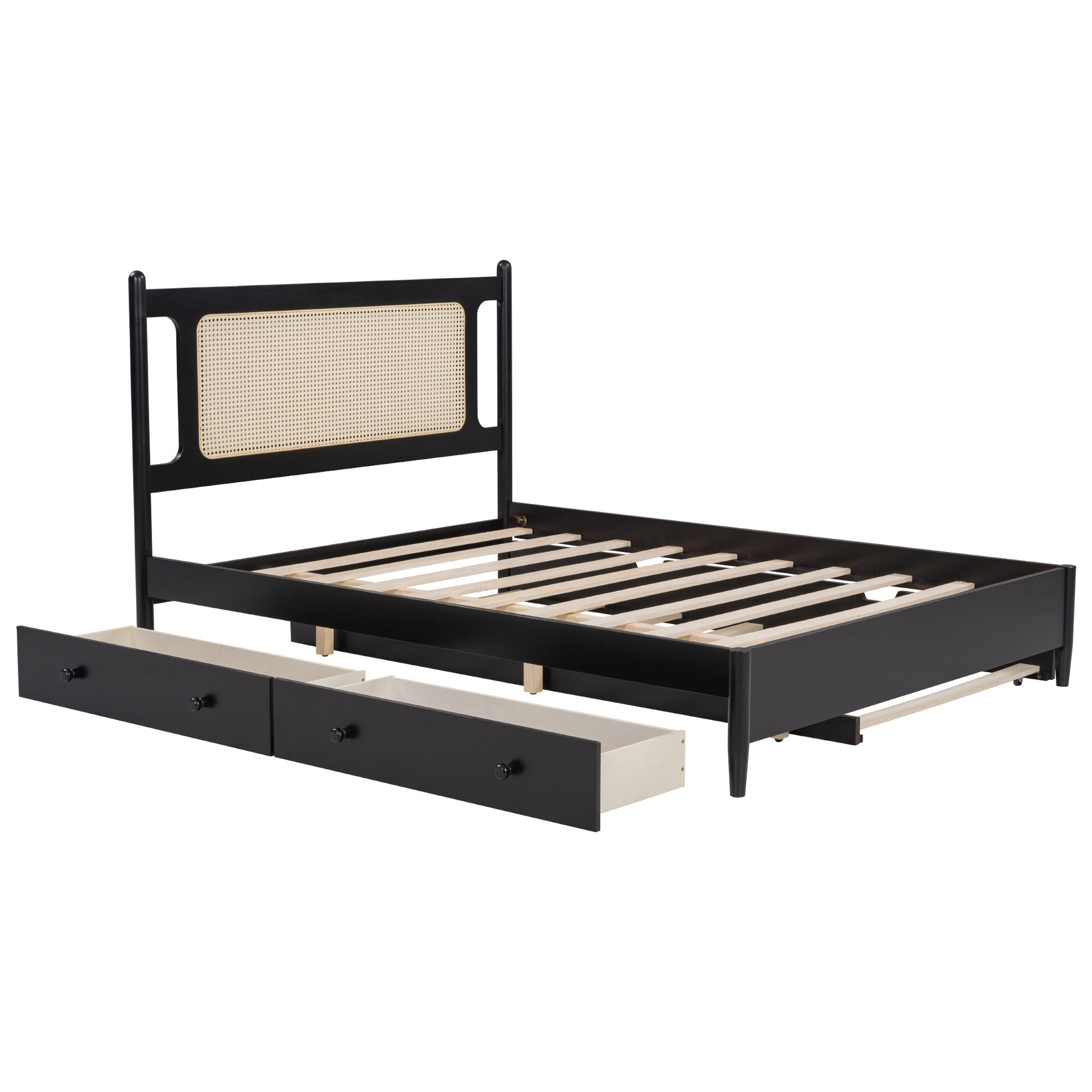 Queen Size Wooden Rattan Platform Bed, With 2 Big Drawers, T Size Trundle, Espresso Queen Espresso Plywood