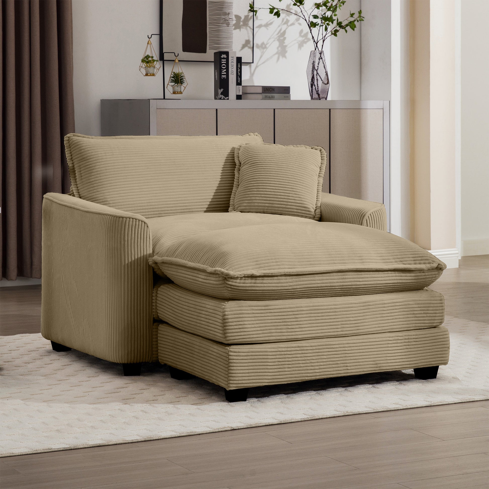 Comfortable Single Chair Deep Seat Sofa With Footstool With One Pillow, Suitable For Living Room And Bedroom, Club Multiple Occasions, Tan Corduroy Fabric Tan Corduroy 1 Seat