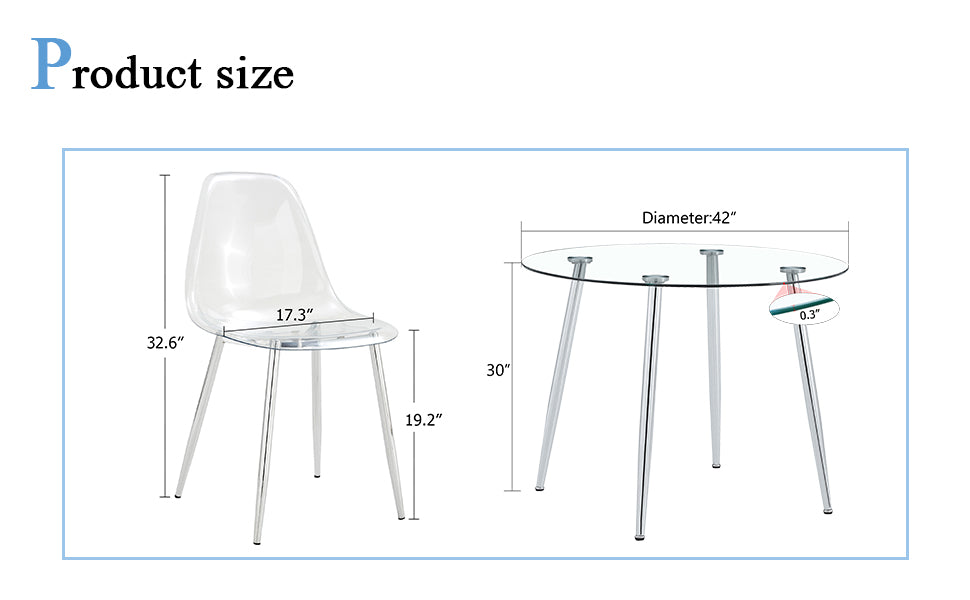 Table And Chair Set.A Modern Minimalist Round Dining Table With Transparent Tempered Glass Top And Silver Metal Legs,Paired With 6 Multiple Transparent High Quality Pet Dining Chairs With Silver Legs. Silver,Transparent Seats 6 Glass Metal