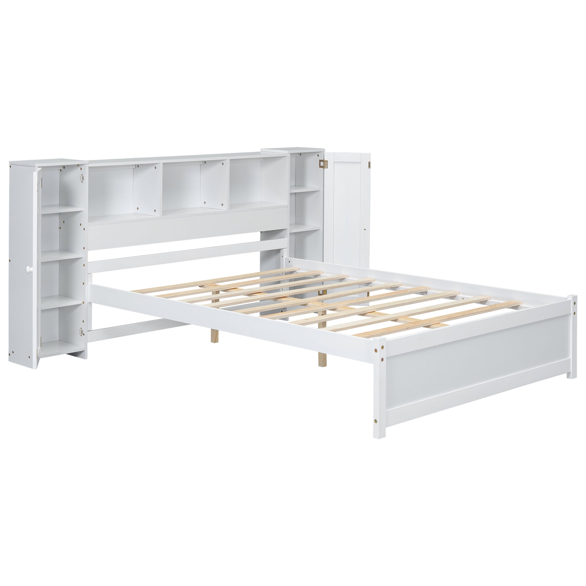 Full Size Platform Bed With Storage Headboard And Lockers, White Full Box Spring Not Required White Wood Bedroom Solid Wood Mdf
