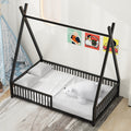Metal Twin Size House Platform Bed With Triangle Structure And Guardrail, Black Box Spring Not Required Twin Black Metal Metal