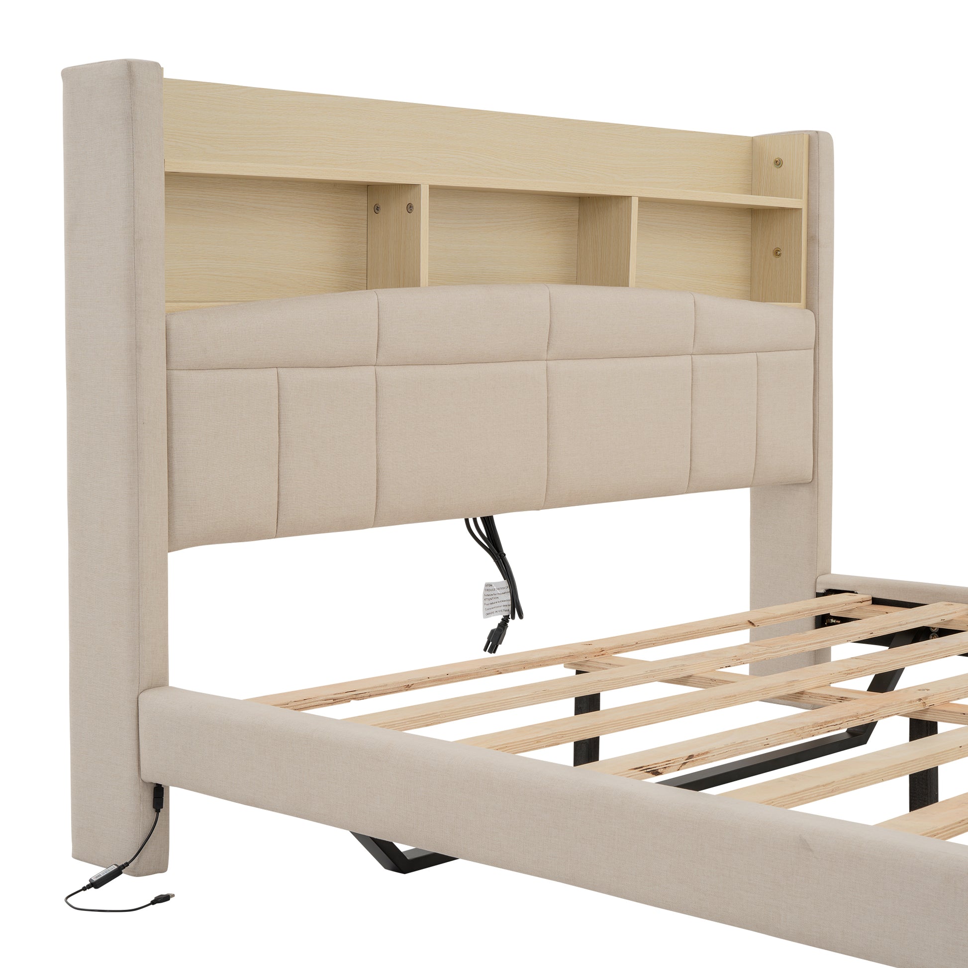 Queen Size Upholstered Floating Bed With Led And Storage Headboard, Beige Box Spring Not Required Queen Beige Wood Bed Frame Linen Upholstered