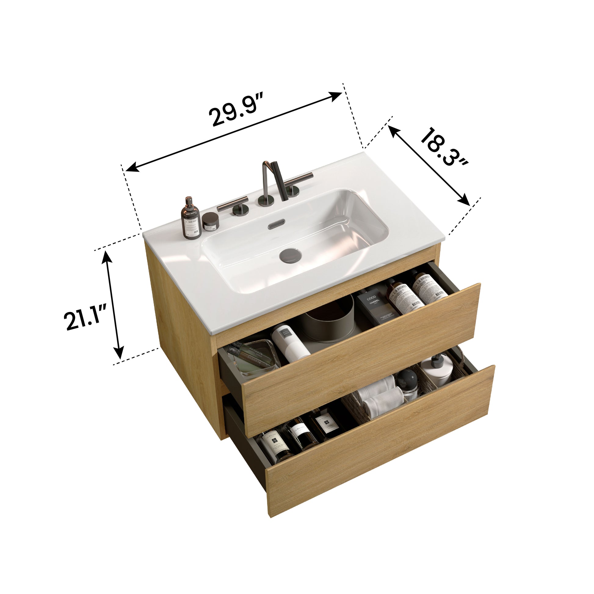 Wall Mount 30" Natural Oak Bathroom Vanity With Ceramic Sink With Three Faucet Holes, Large Storage Floating Bathroom Vanity For Modern Bathroom, Pre Assembled Oak Bathroom Modern Ceramic Mdf