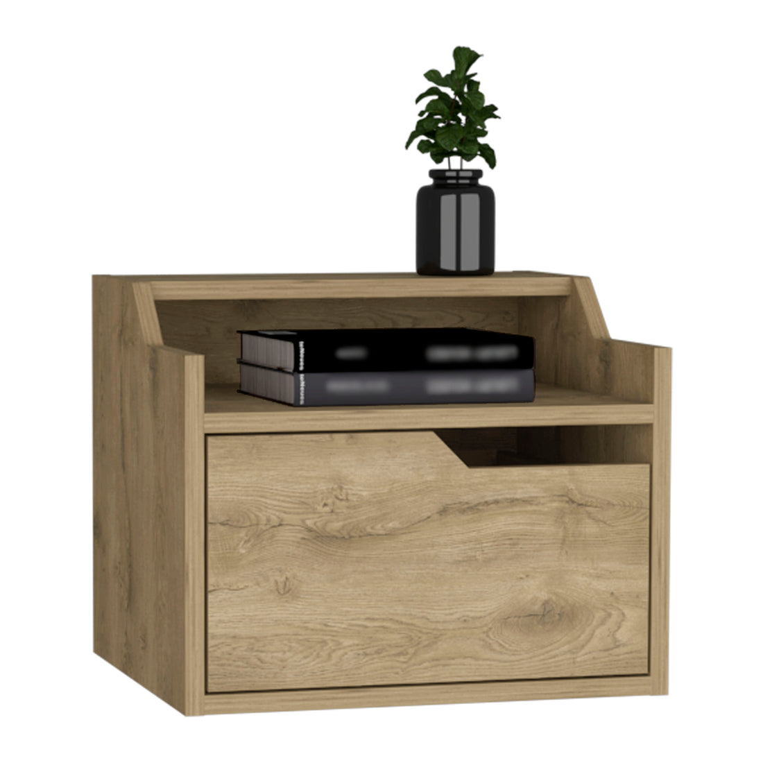 Winchester Floating Nightstand, Modern Dual Tier Design With Spacious Single Drawer Storage, Macadamia Brown Solid Wood Mdf Engineered Wood