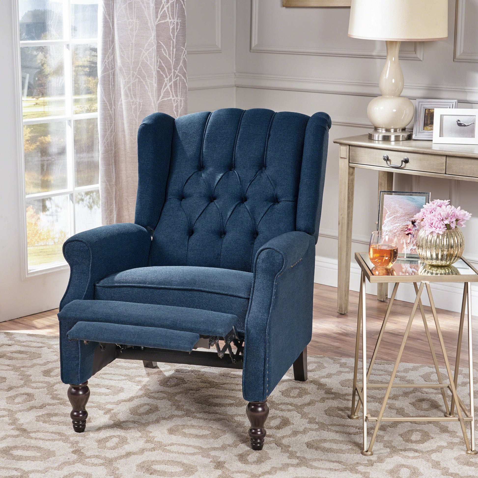 Dark Blue Tufted Fabric Arm Chair Recliner Dark Blue Polyester
