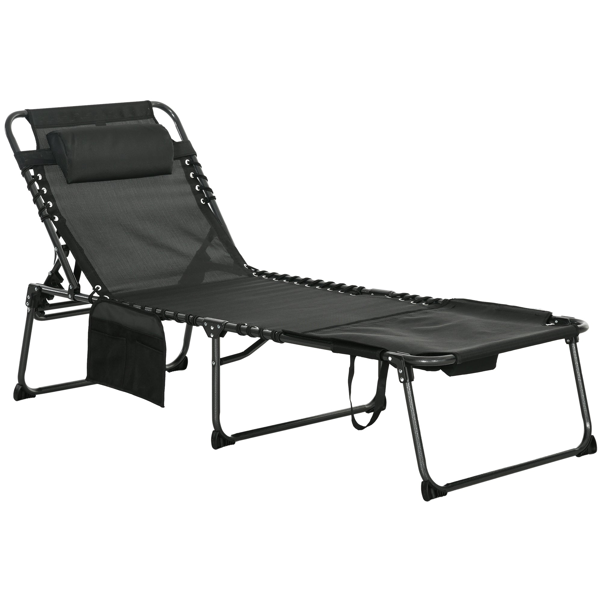 Outsunny Folding Chaise Lounge With 5 Level Reclining Back, Outdoor Tanning Chair With Reading Face Hole, Outdoor Lounge Chair With Side Pocket & Headrest For Beach, Yard, Patio, Black Black Steel
