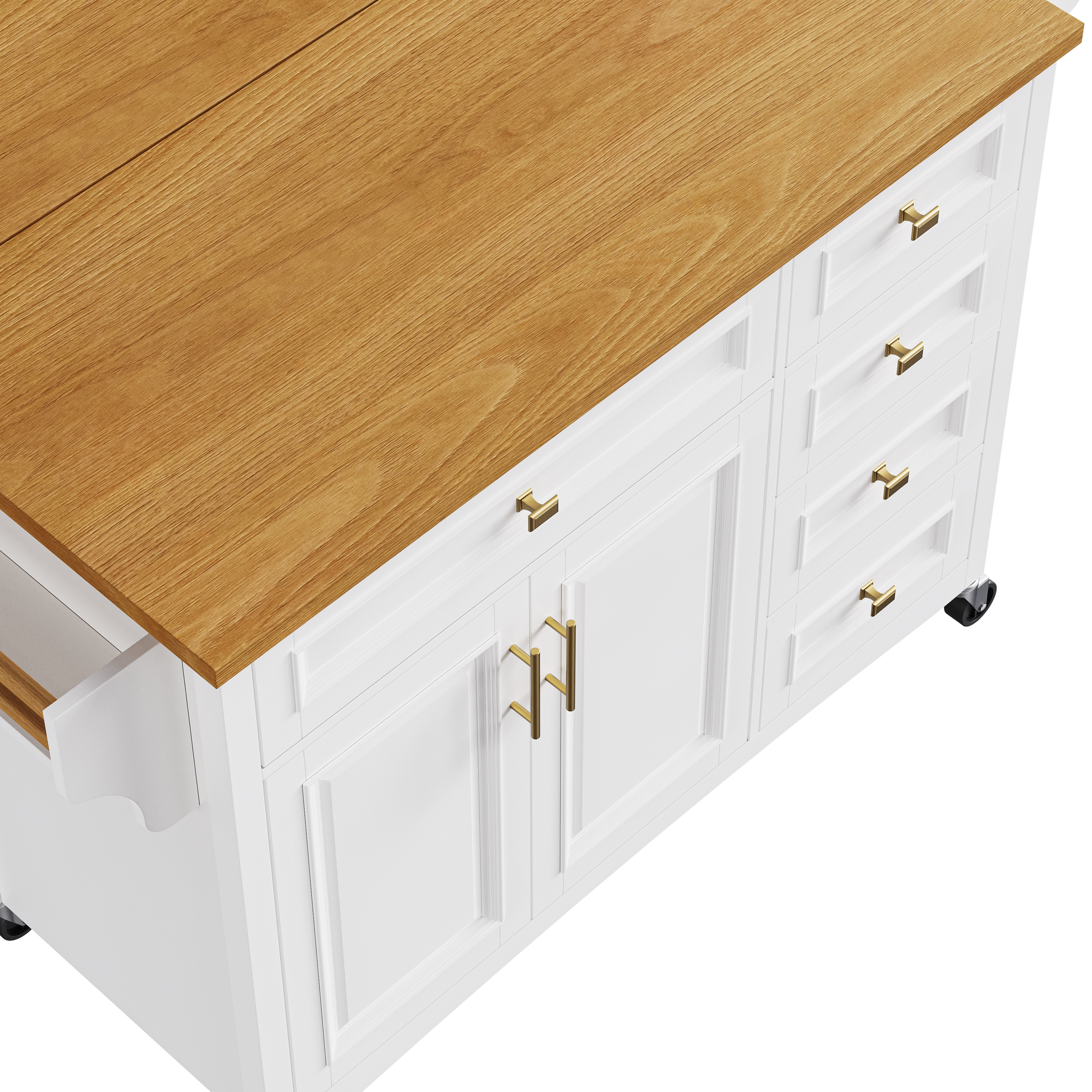K&K 52'' Kitchen Island With Drop Leaf, Embossed Texture Kitchen Island On Wheels With Spice Rack, Towel Rack, 2 Doors And 5 Drawers, Kitchen Storage Cart With Adjustable Shelf For Kitchen, White