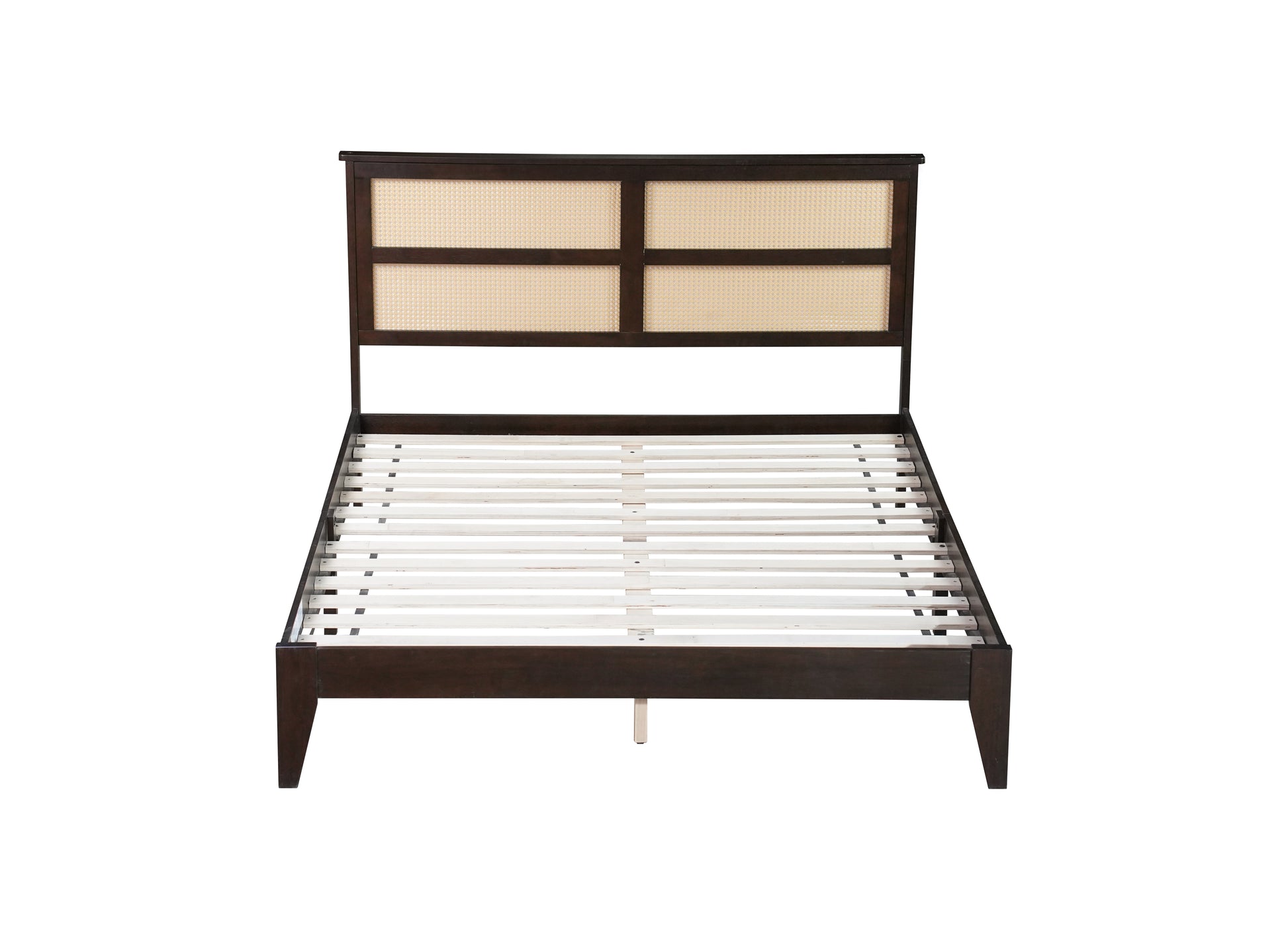 Queen Size Rubber Wooden, Solid Wooden Bed With Rattan Headboard, Enhanced By Support Feet,Espresso Queen Espresso Rubber Wood