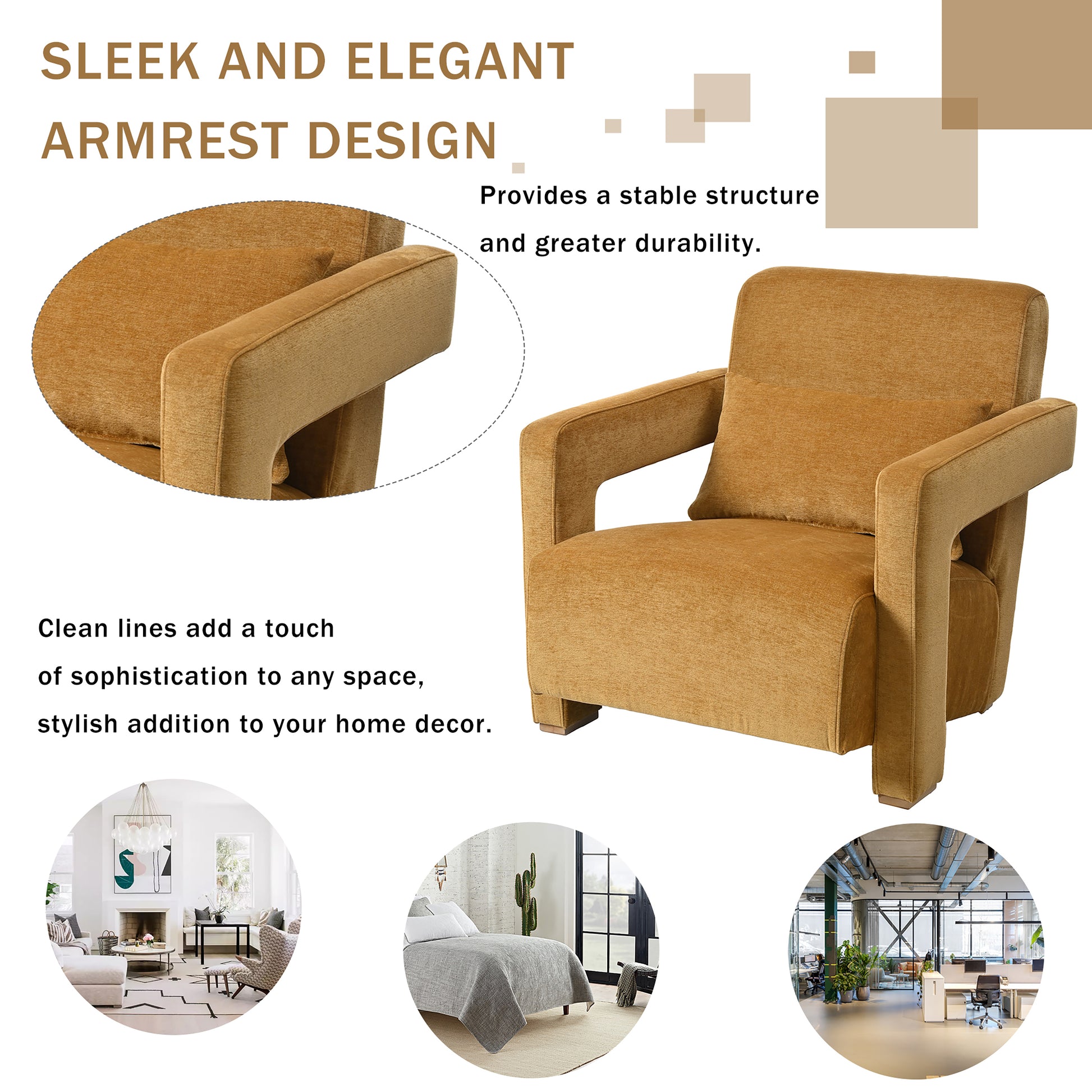 Mirod Sleek Right Angle Armrests, Ergonomic Lumbar Support, Square Wooden Block Legs, Inclined Seat For Comfort, Artistic Statement Piece For Living Room,Bedroom And Study Yellow Chenille