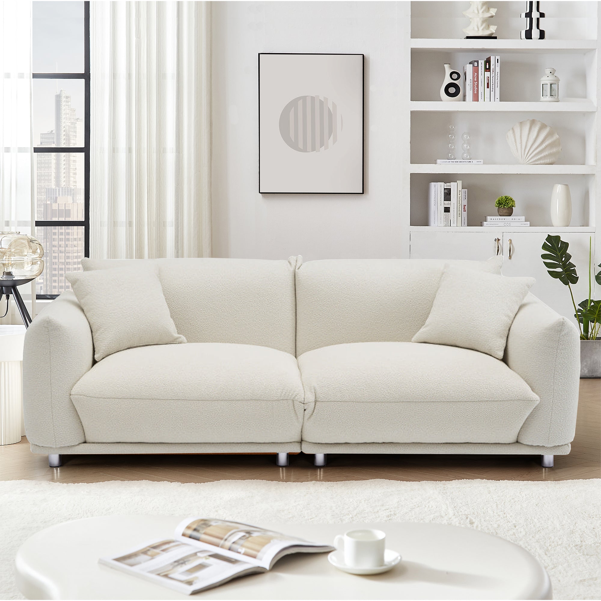 Oversized Loveseat Sofa For Living Room, Sherpa Sofa With Metal Legs, 3 Seater Sofa, Solid Wood Frame Couch With 2 Pillows, For Apartment Office Living Room Beige Beige Foam Fabric 3 Seat