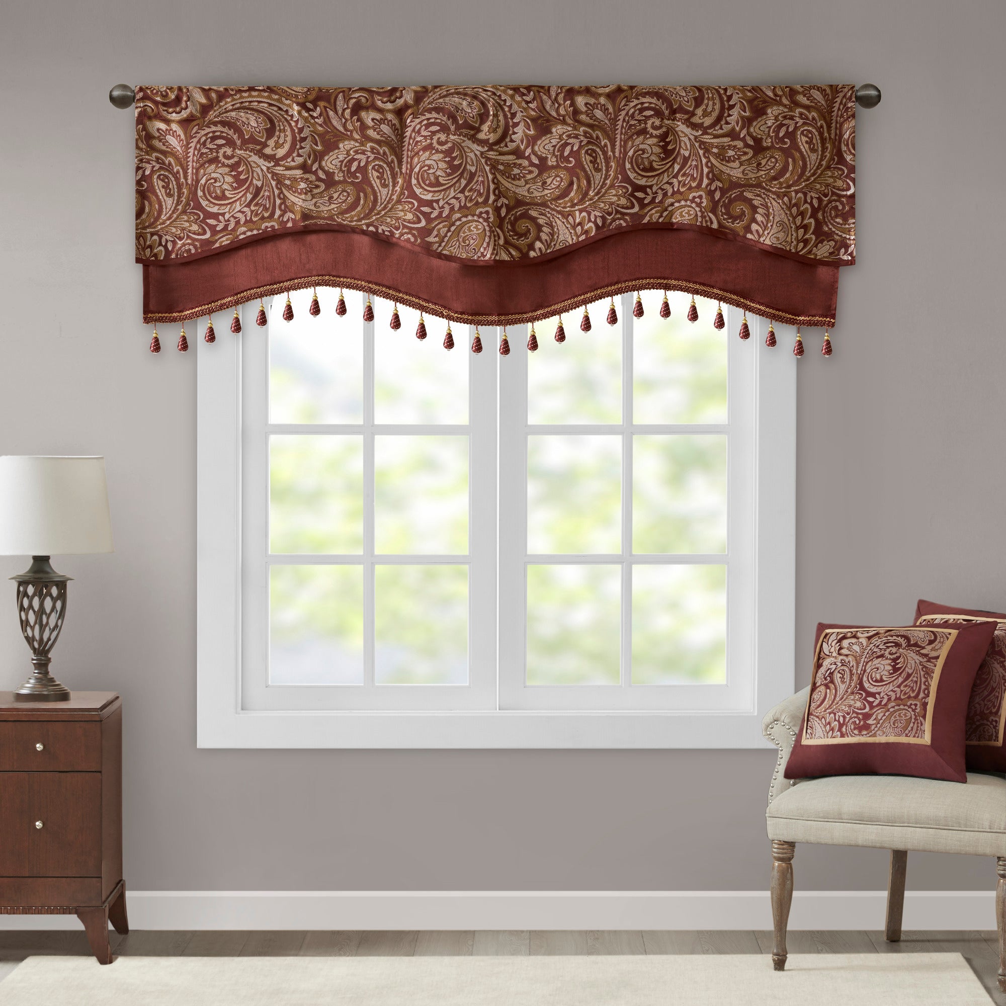 Jacquard Window Rod Pocket Valance With Beads Burdy 50X18" Burgundy Polyester