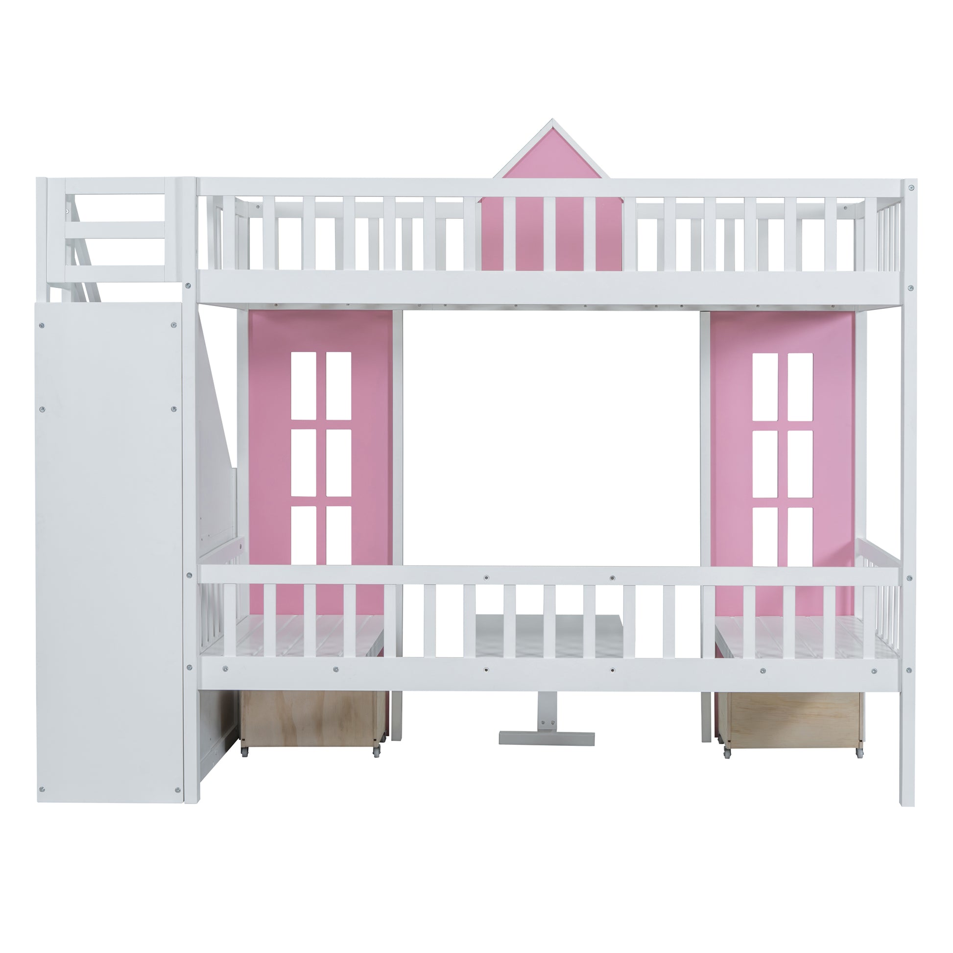 Twin Over Twin Bunk Bed With Changeable Table, Bunk Bed Turn Into Upper Bed And Down Desk Pink Twin Pink Solid Wood