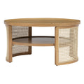 2 Tiered Round Natural Wood Coffee Table With Storage Rattan Base In 31.3'' Natural Rubber Wood