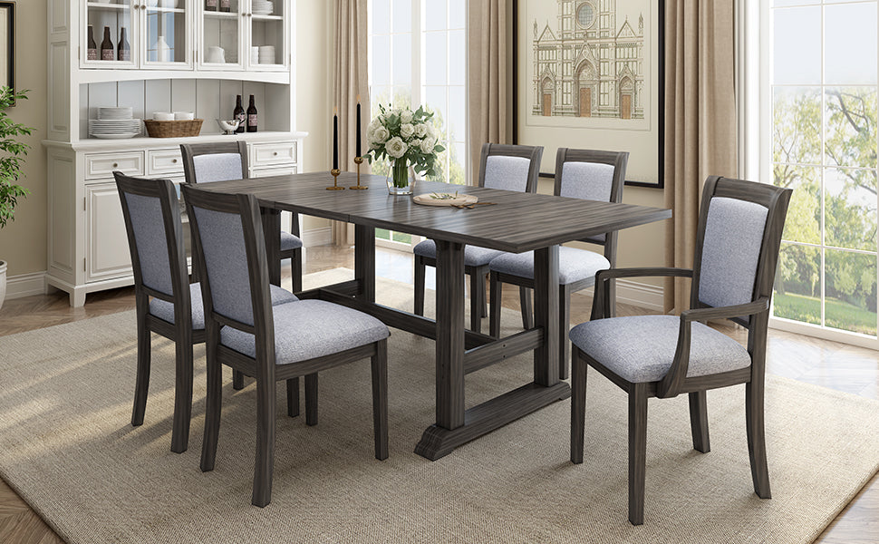 7 Piece Updated 76.9Inch Extendable Trestle Dining Table Set With Removable Leaf, Kitchen Table Set With Upholstered Side Chair And Arm Chair, Set Of 6, Grey Brown Wood Dining Room Solid Wood Rubberwood Rectangular Dining Table With Chair Upholstered