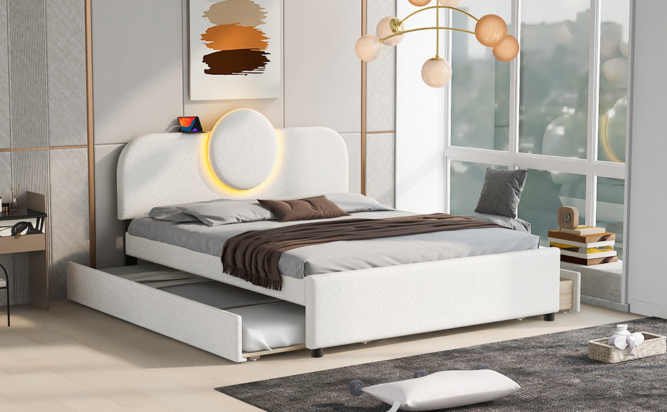 Queen Size Upholstered Platform Bed With Multi Functional Headboard, Trundle And 2 Drawers, White Box Spring Not Required Queen White Wood Bedroom Upholstered