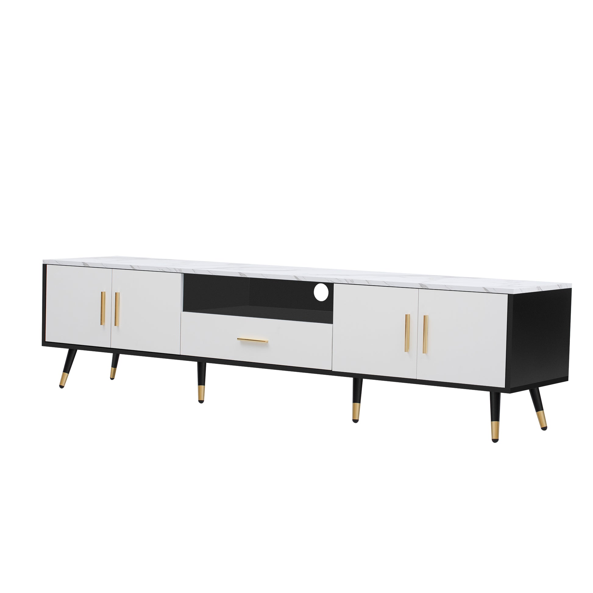 71'' Modern Tv Stand With 2 Cabinets& Open Compartments, Entertainment Center For Tvs Up To 80'', Television Console For Living Room, Bedroom, Home Theatre White Black Primary Living Space 70 79